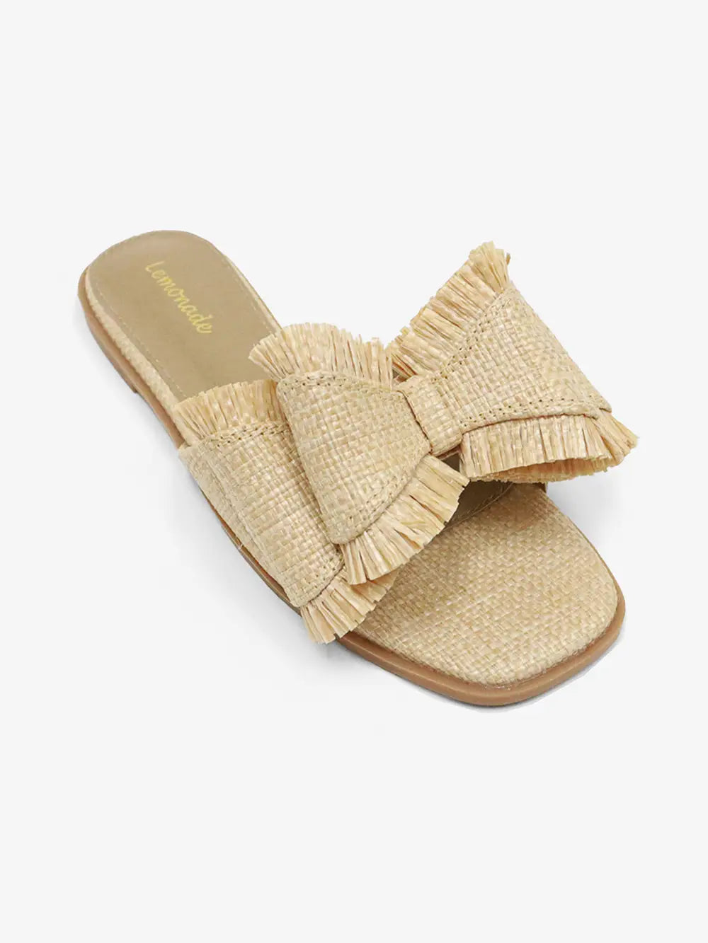 Beige woven sandal with a bow on a white background