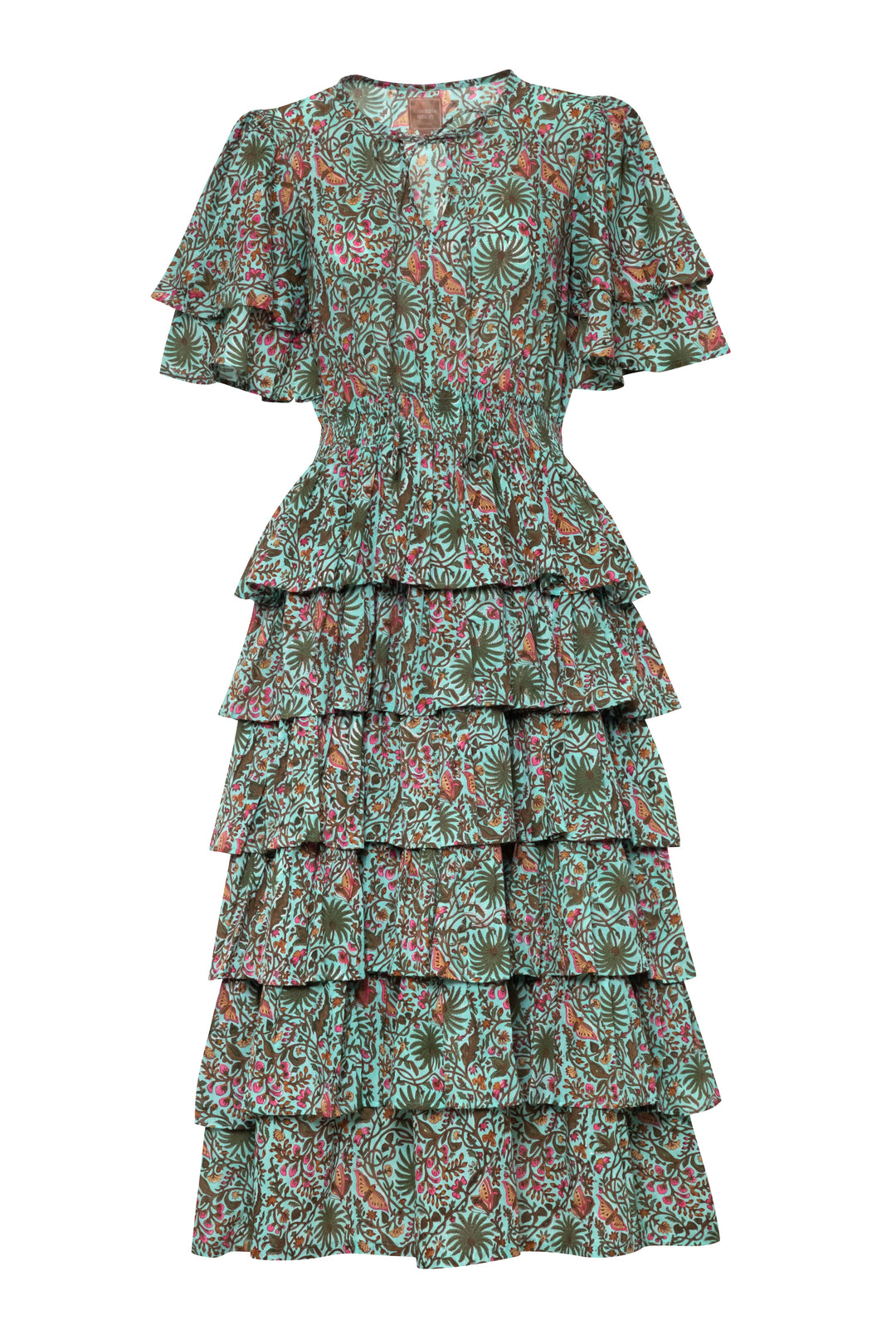 Palm Springs Clinched Waist Dress Green Print
