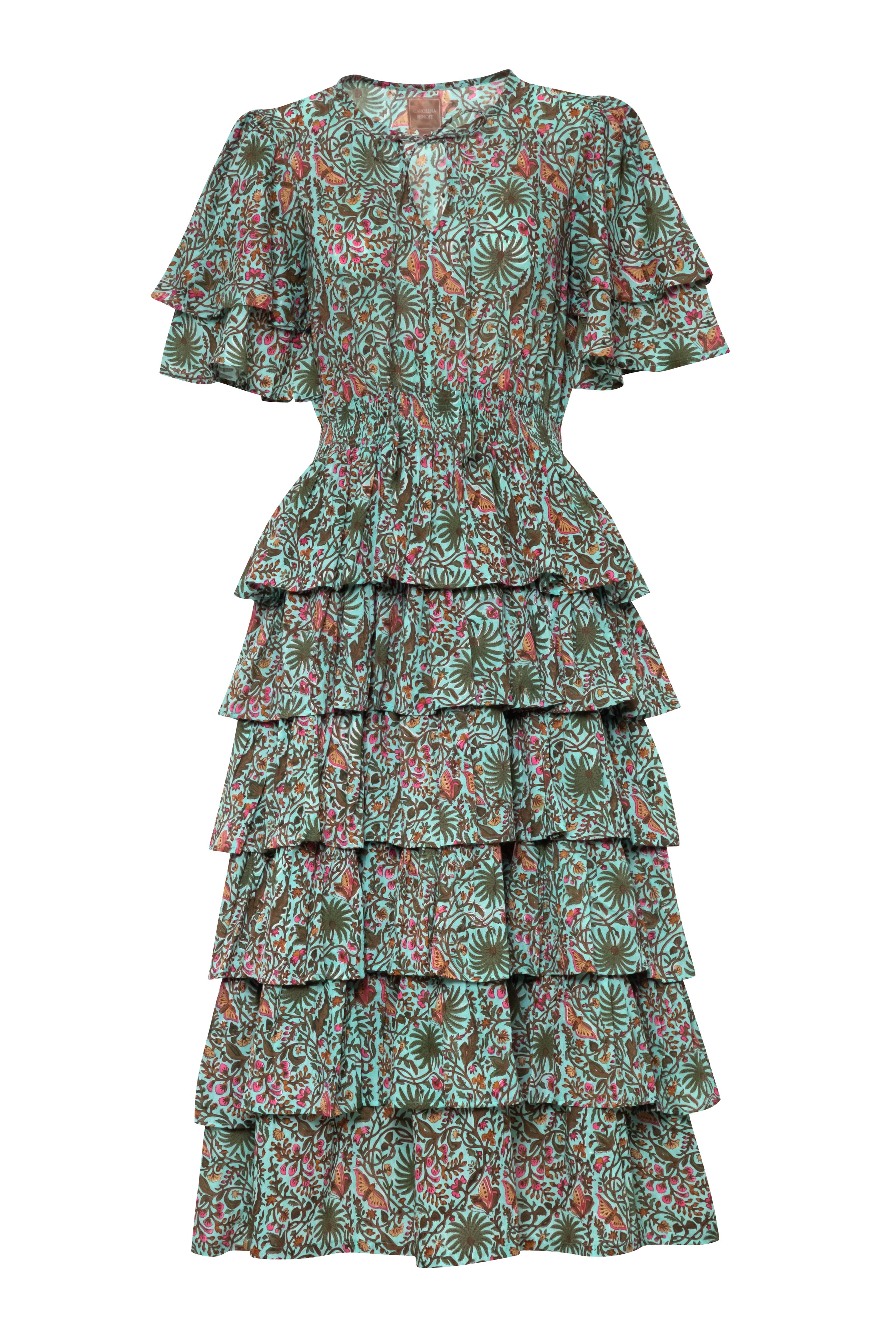 Palm Springs Clinched Waist Dress Green Print