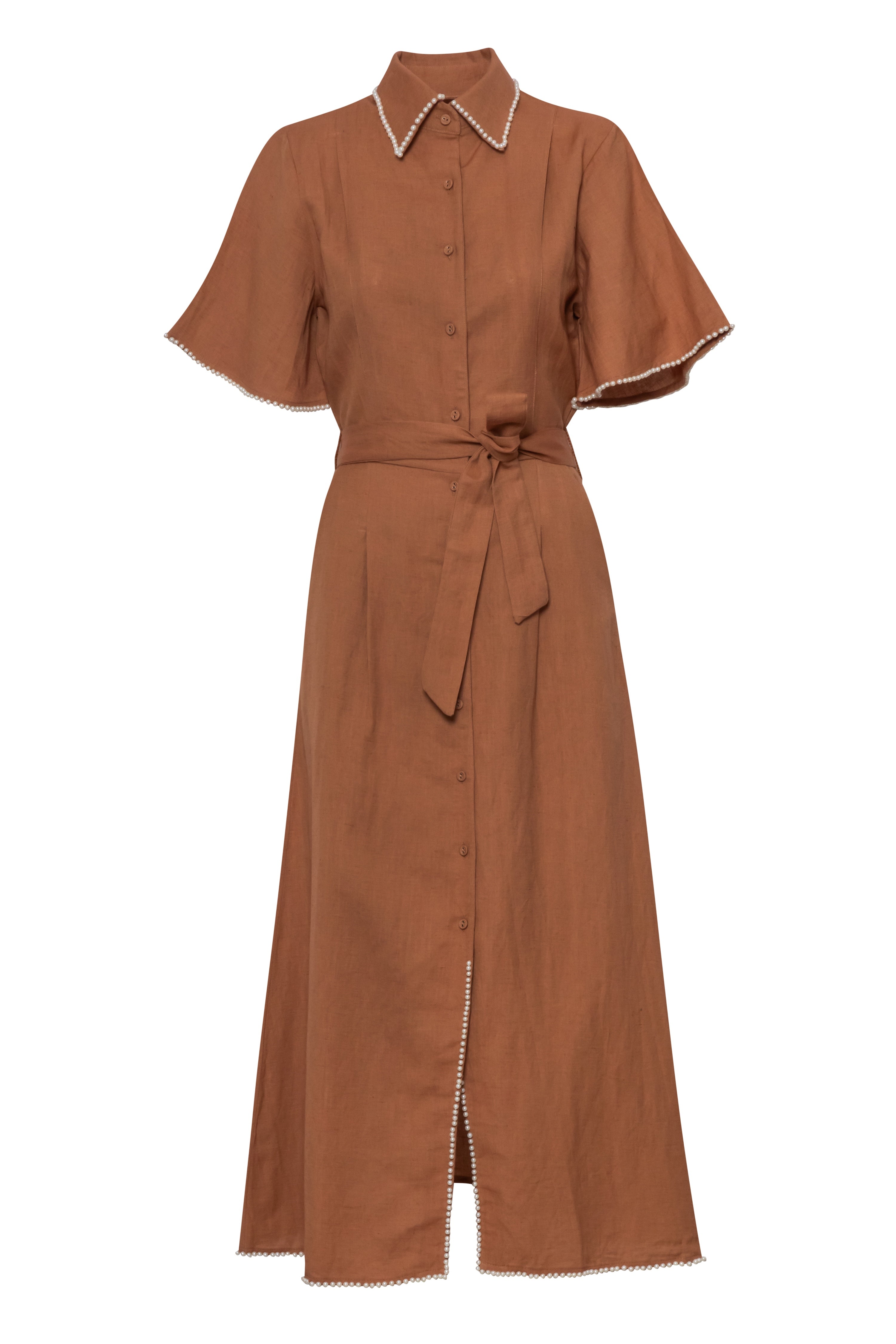 WIRROW Botany Wool boat neck dress 茶 Shop Brown Terracota Button Down Midi Dress Feminine Pearls