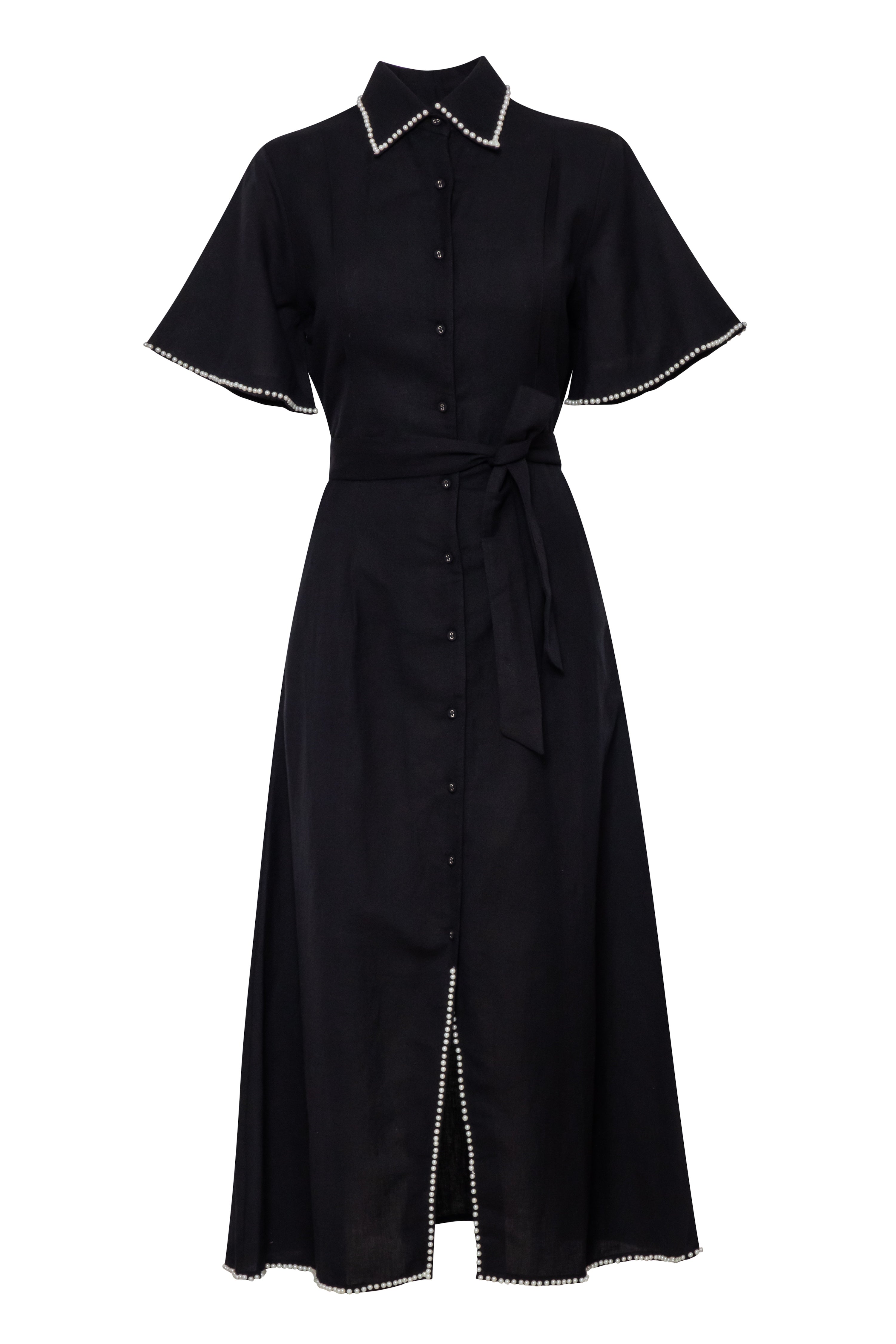 Cafe Au Lait Button Down Dress Sustainable Linene Pearl Embroidery