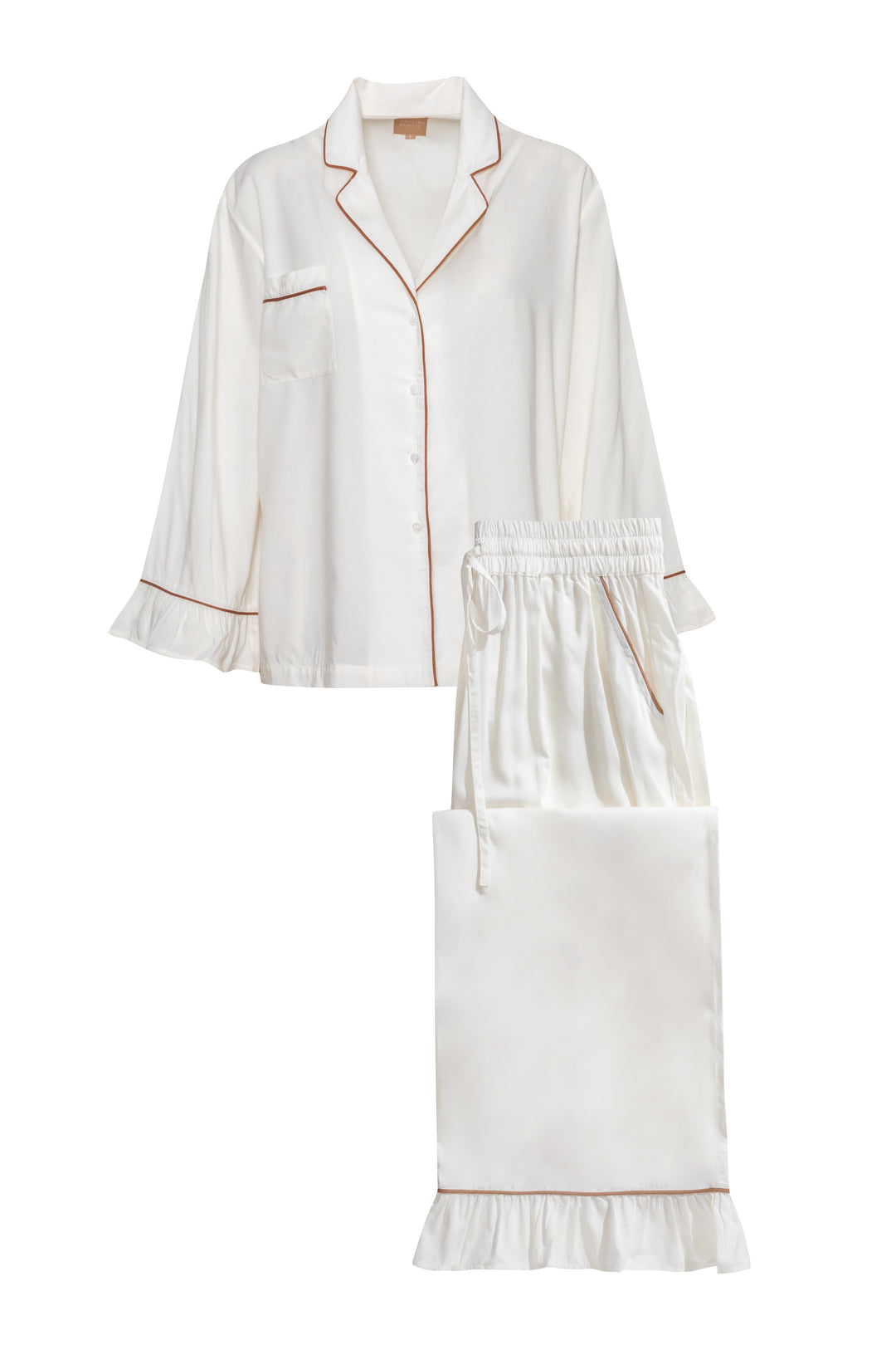 Luxury Bamboo Pajama Set Women | White With Brown Pipping