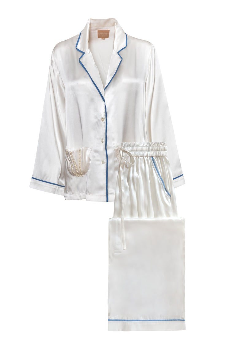 White washable silk satin pajama set with blue piping on a white background Pearl shell pocket