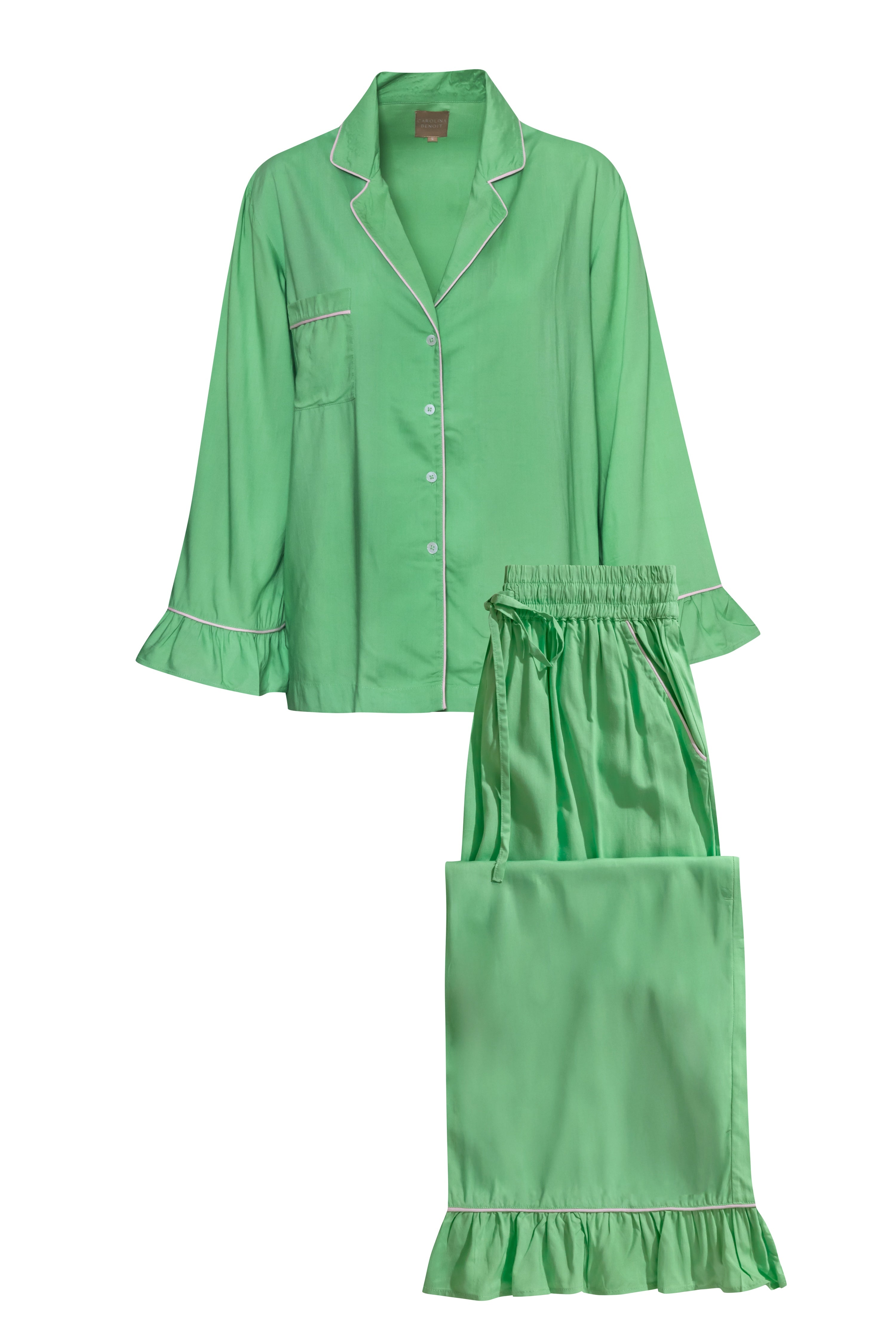 Green pajama set with ruffled pants on a white background