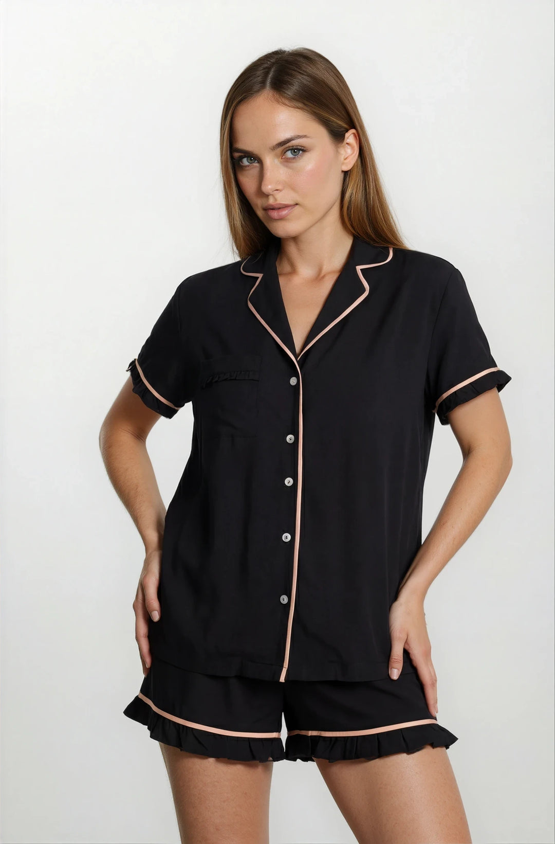 Luxury Short Pajama With Ruffles Black With Pink