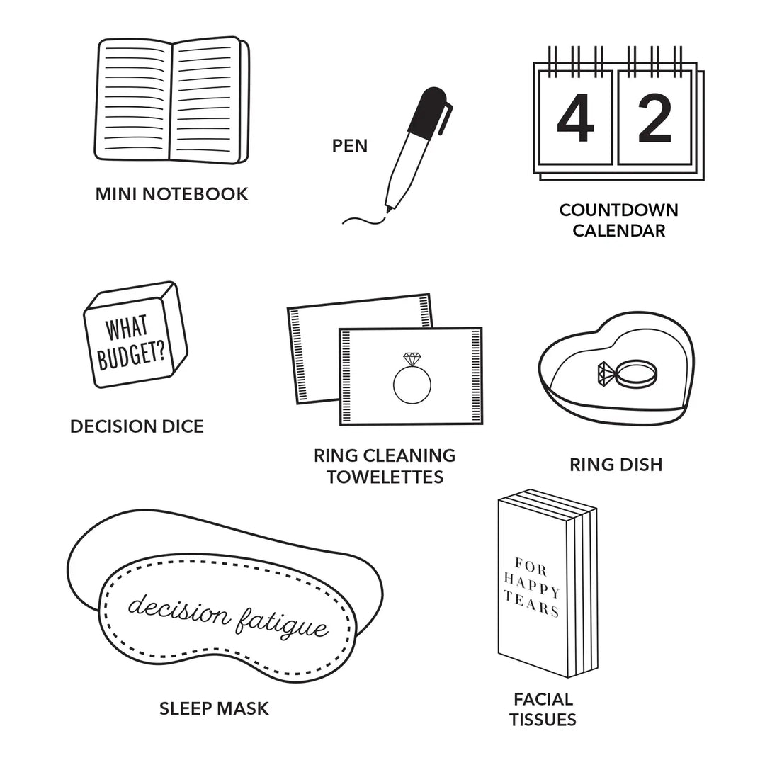 Set of wedding planning items including a mini notebook, pen, countdown calendar, decision dice, ring cleaning towelettes, ring dish, sleep mask, and facial tissues.