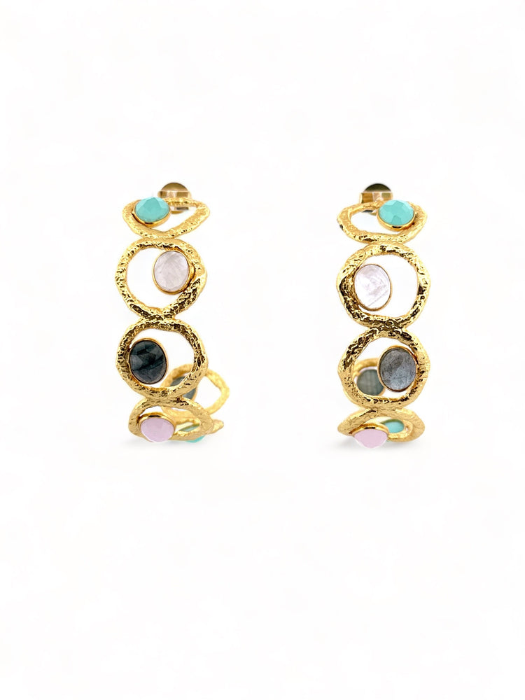 Gold statement hoops featuring different color crystals pink quartz, aquamarines, moonstone