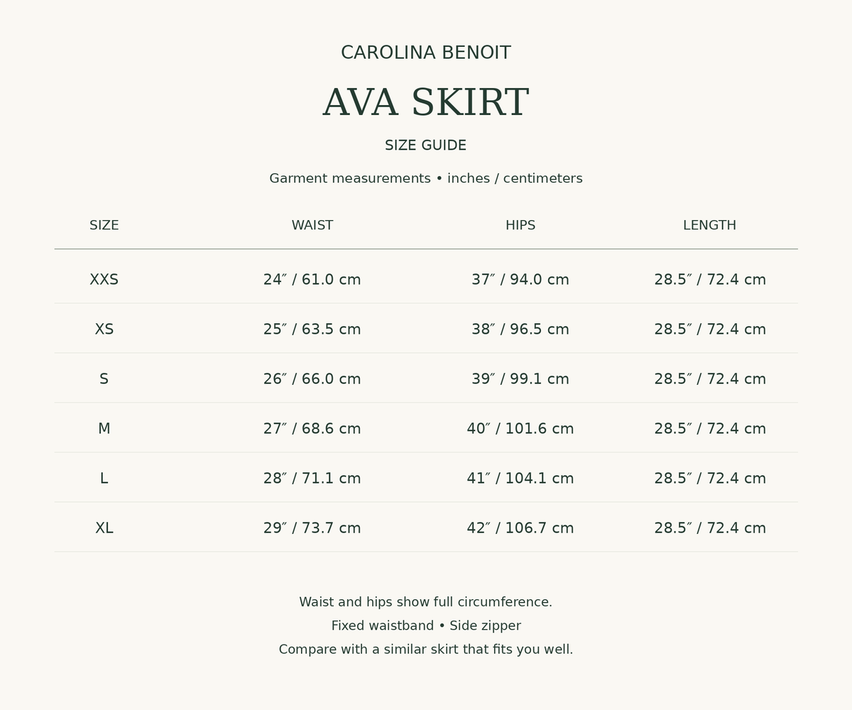 AVA skirt size chart: garment measurements in inches and centimeters, XXS–XL