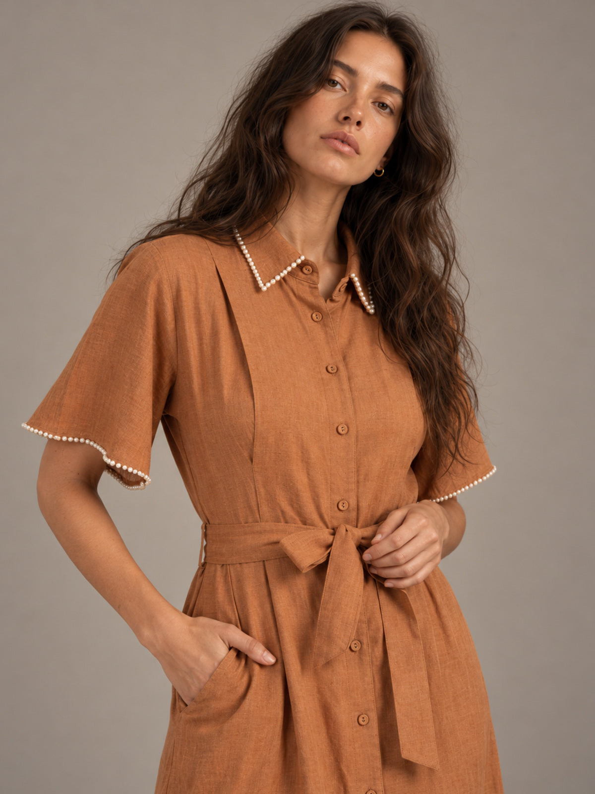 Cafe Au Lait Pearled Dress Brown