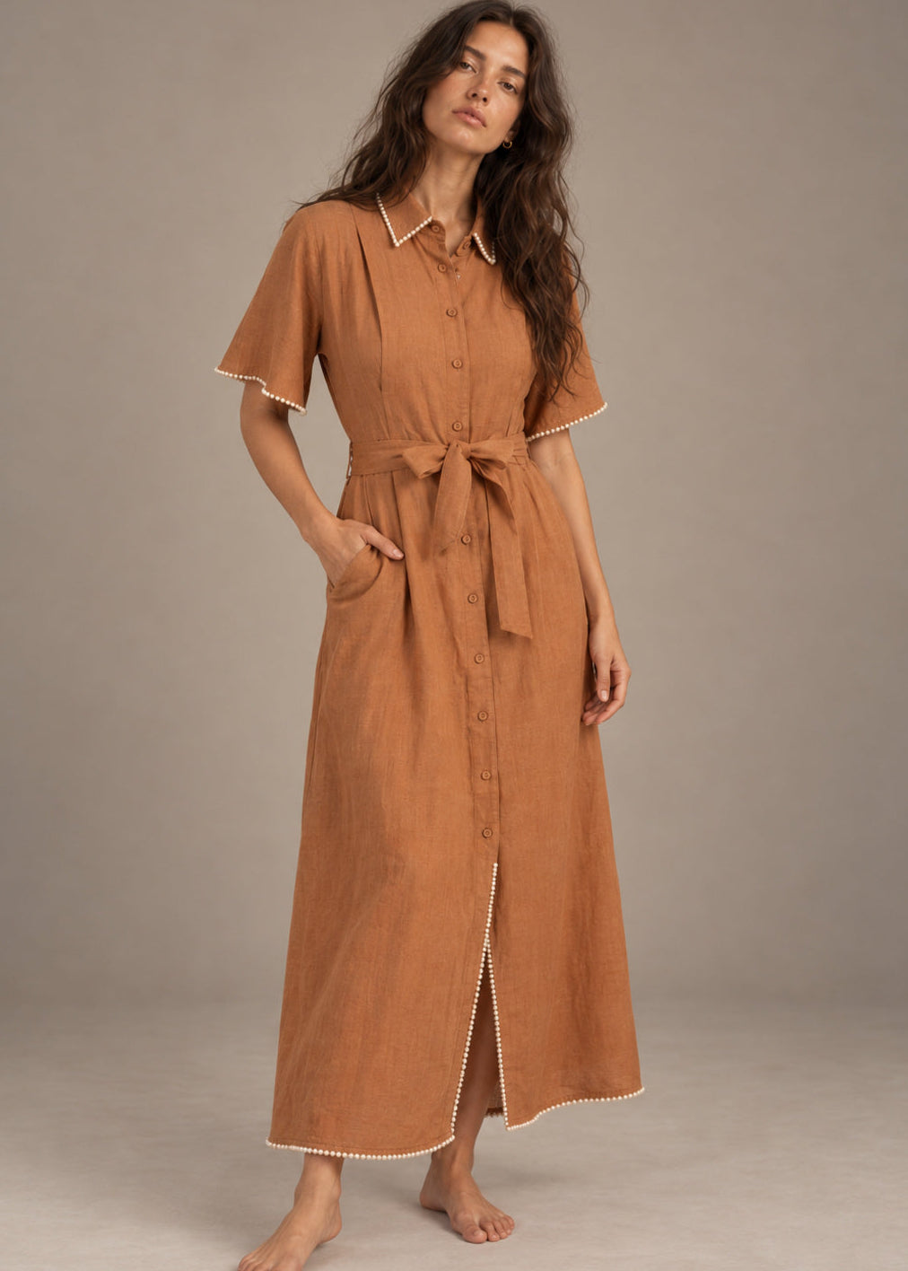Cafe Au Lait Pearled Dress Brown