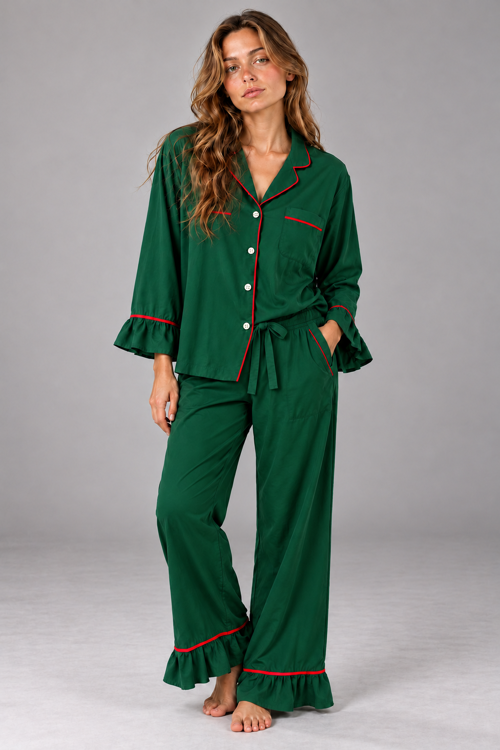 Ava wearing Carolina Benoit green long bamboo pajamas with red piping