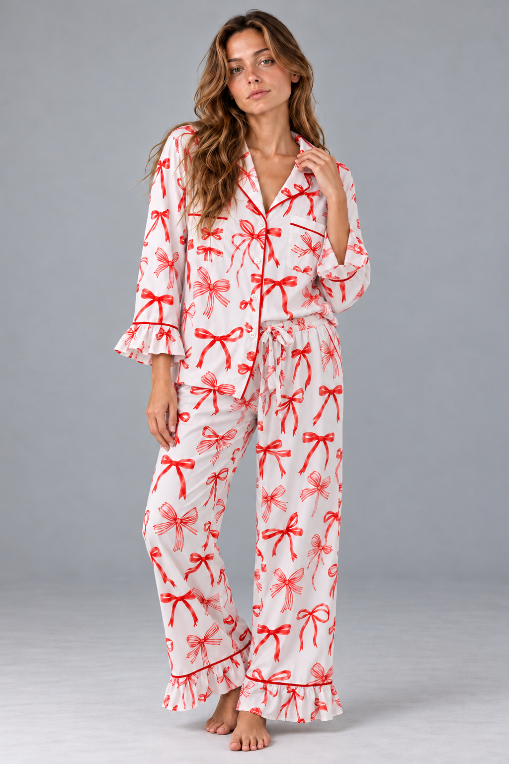 Ava wearing Carolina Benoit ivory long bamboo pajamas with red bow print