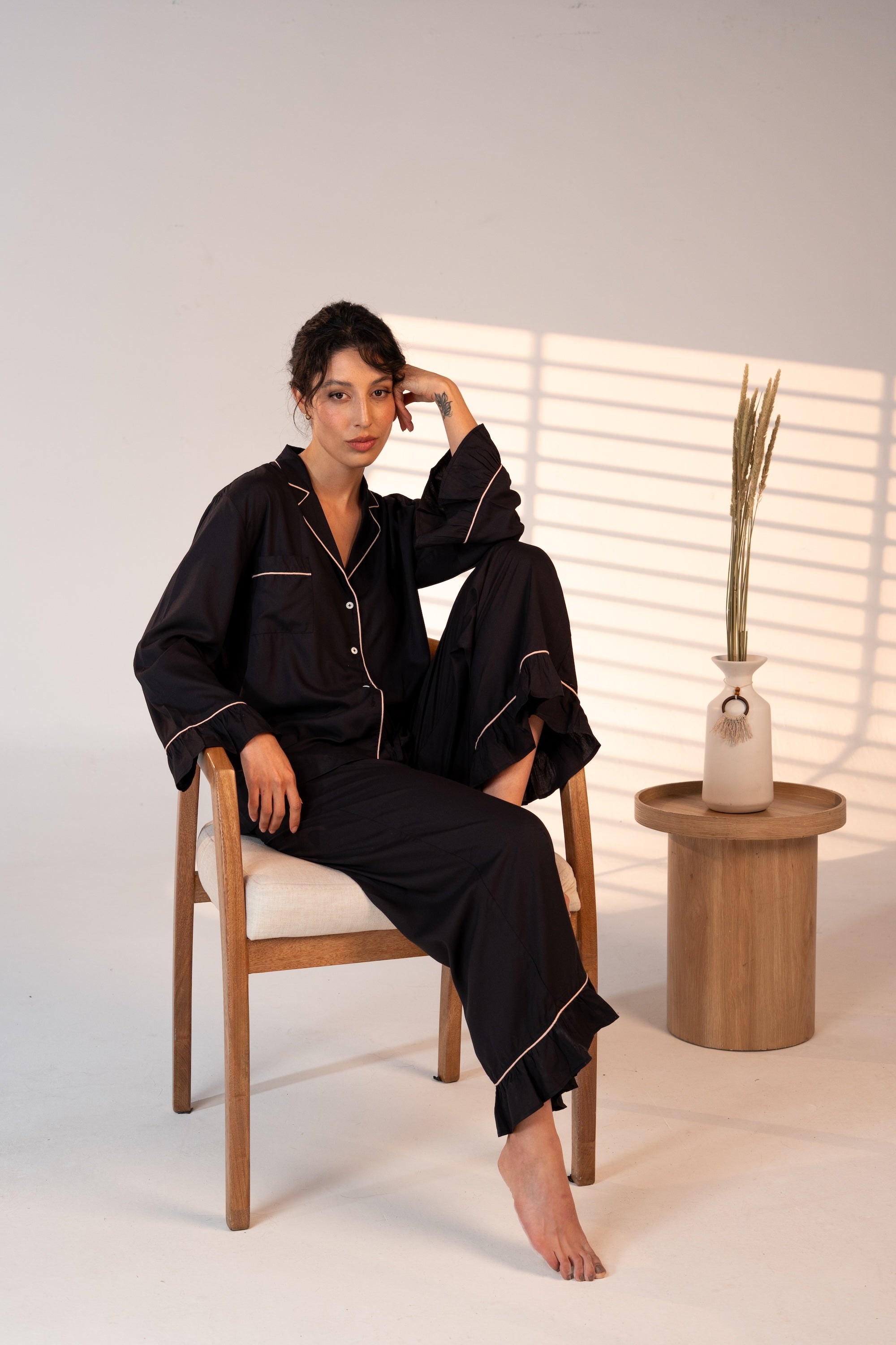 Bamboo Luxury Pajama Set for Women – Black with Pink Piping | Carolina