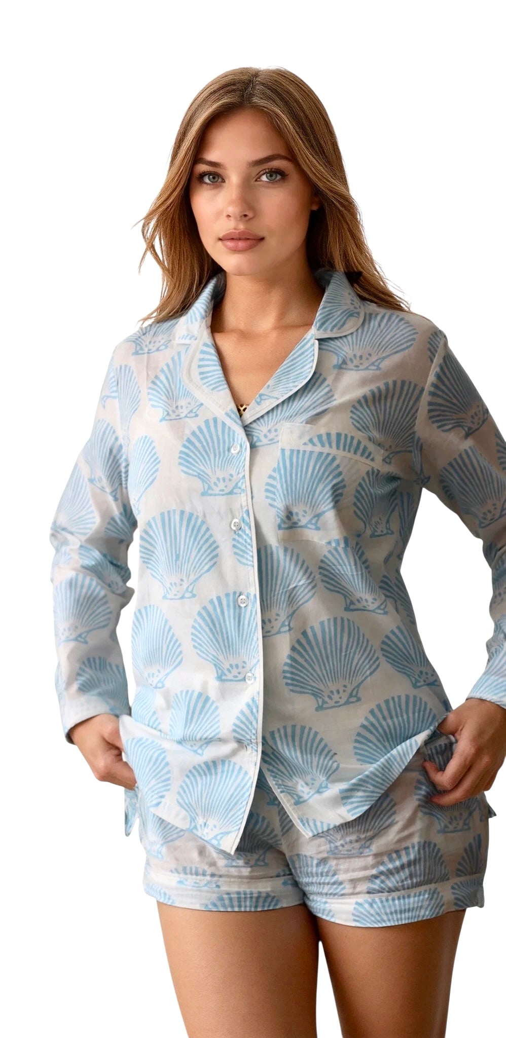 Two-piece cotton sleepwear set with seashell design, comfortable lounge pajamas with shorts and long sleeve shirt.