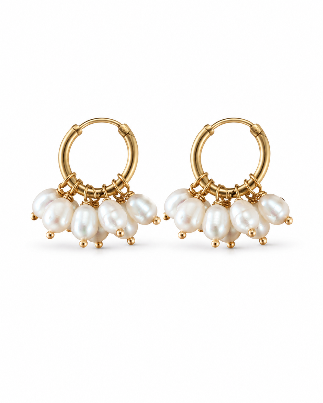 A pair of gold hoop earrings with a cluster of white baroque pearls hanging from each hoop, set against a plain white background.