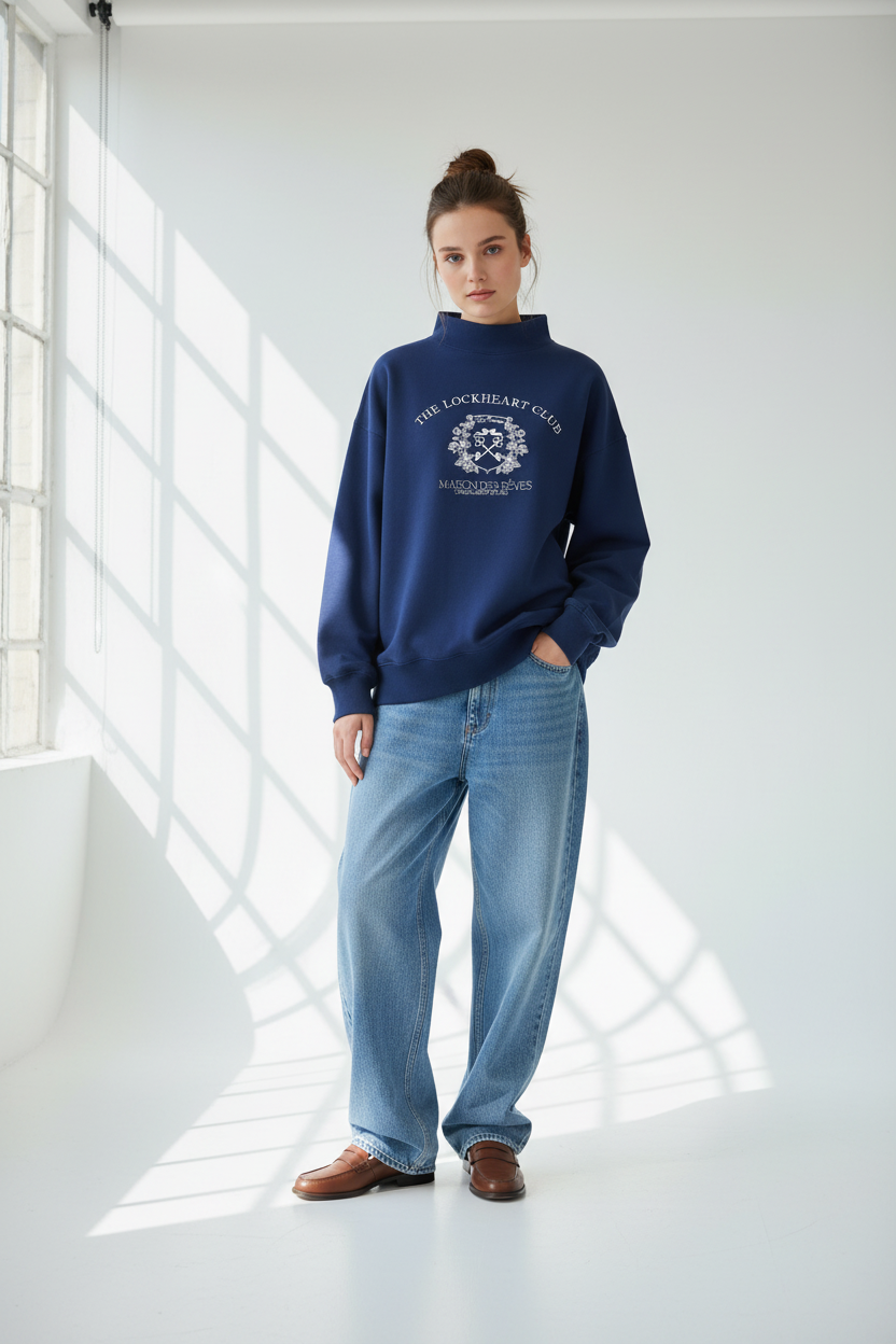 Person wearing a navy blue sweatshirt with a logo and light blue jeans in a bright room.