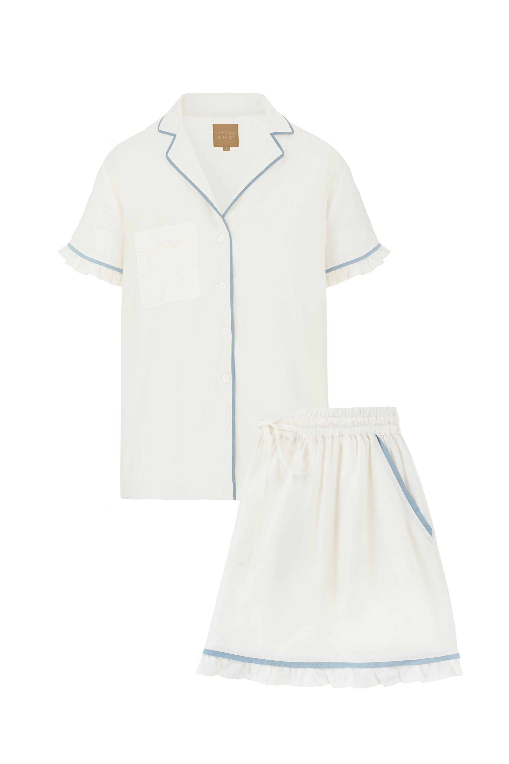 Luxury Short Pajama With Ruffles White & Blue