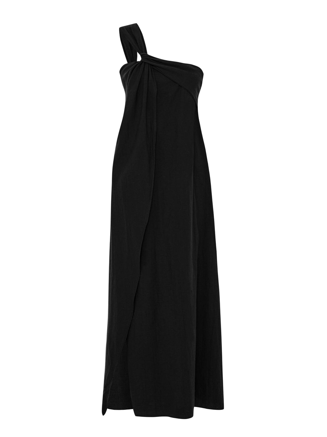 A black maxi dress with a twisted one-shoulder neckline and asymmetric hem, made from Turkish cotton.