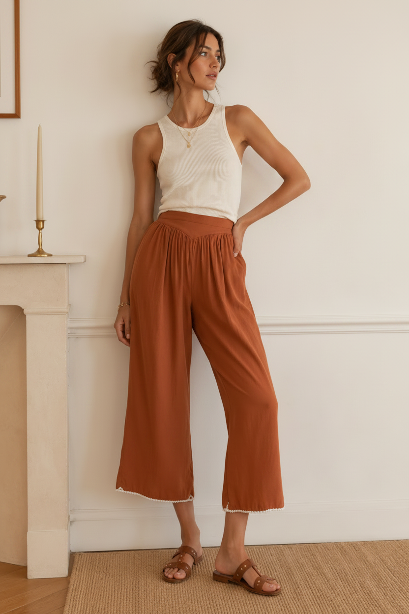 Woman wearing a white sleeveless top and brown wide-leg pants standing against a white wall.