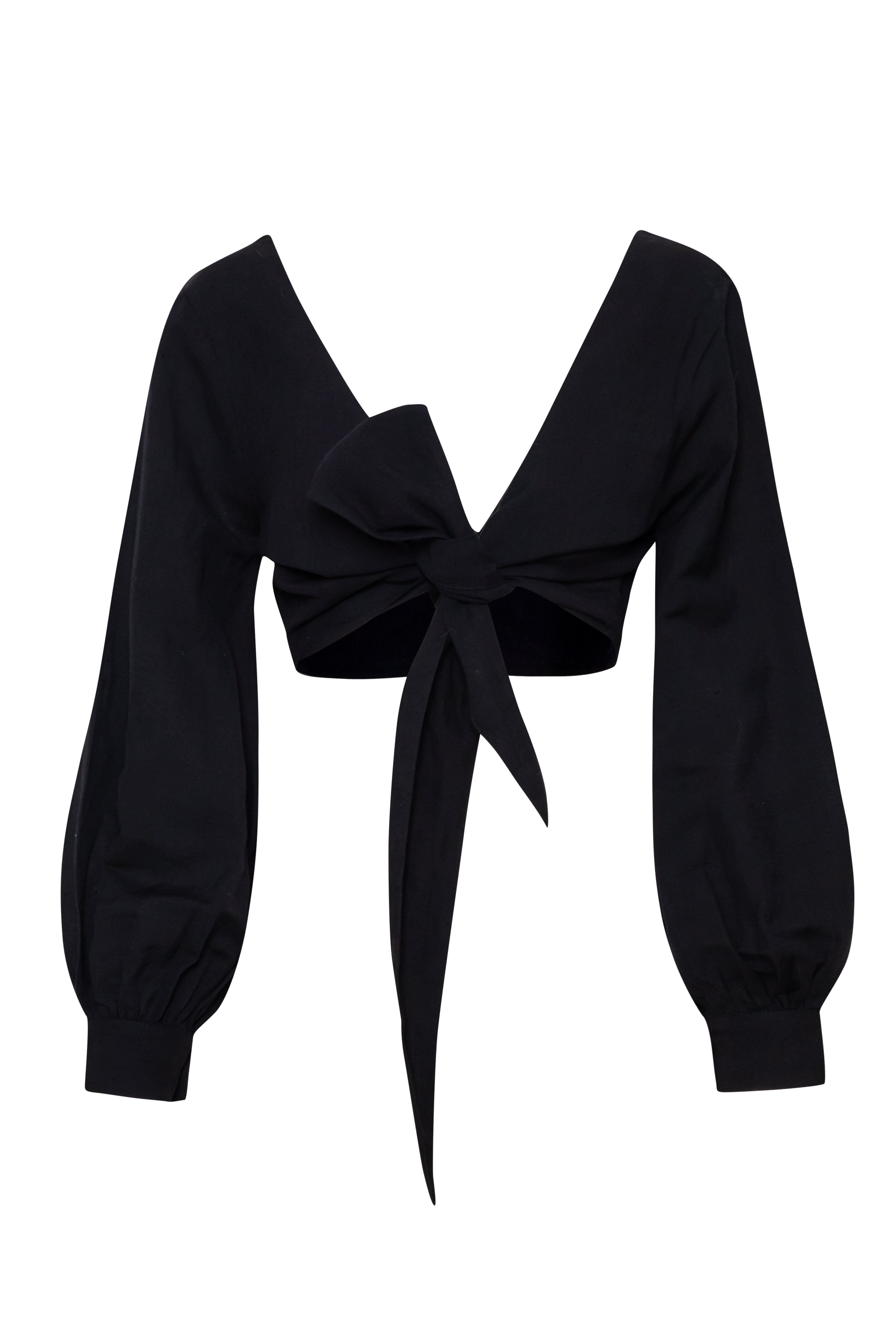 Black long-sleeve top with a large bow at the front on a white background