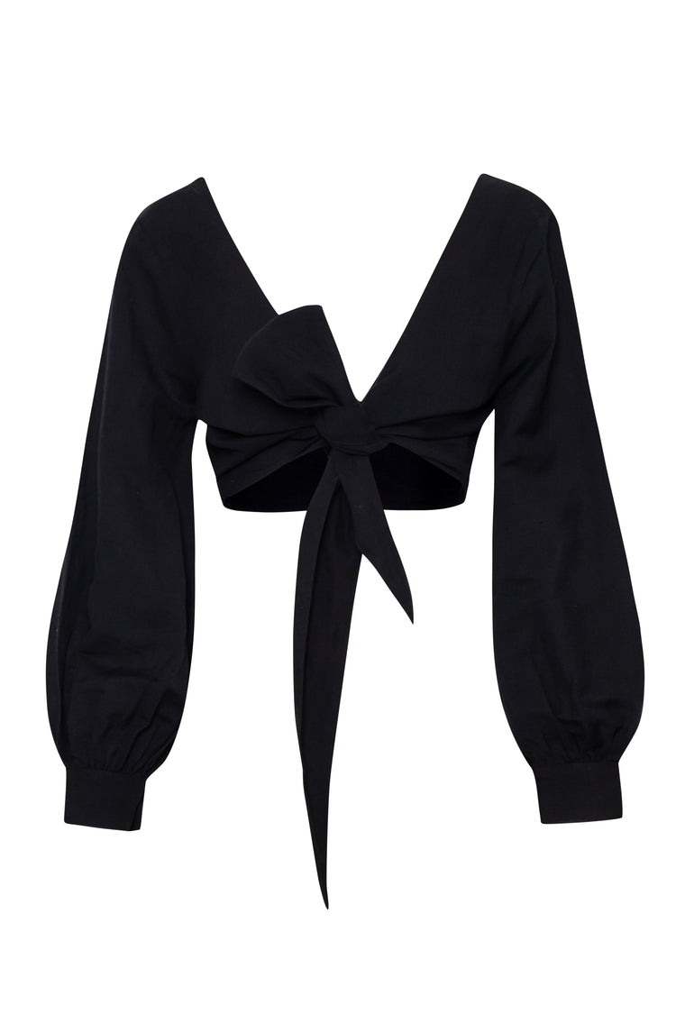 Black long-sleeve top with a large bow at the front on a white background