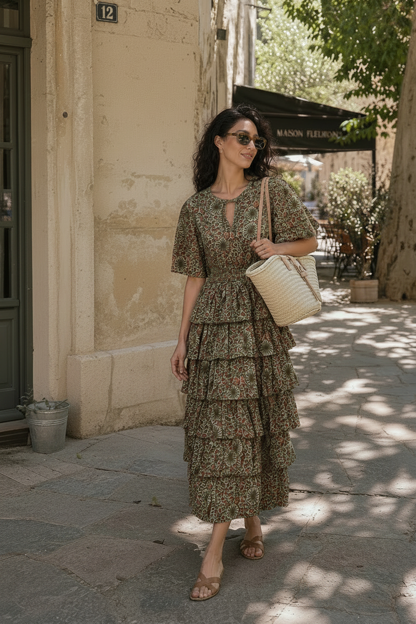 Woman in a floral dress standing in a sunlit street with a building and sign in the background.