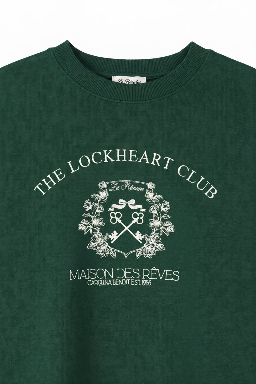 Green sweatshirt with 'The Lockheart Club' logo on a white background