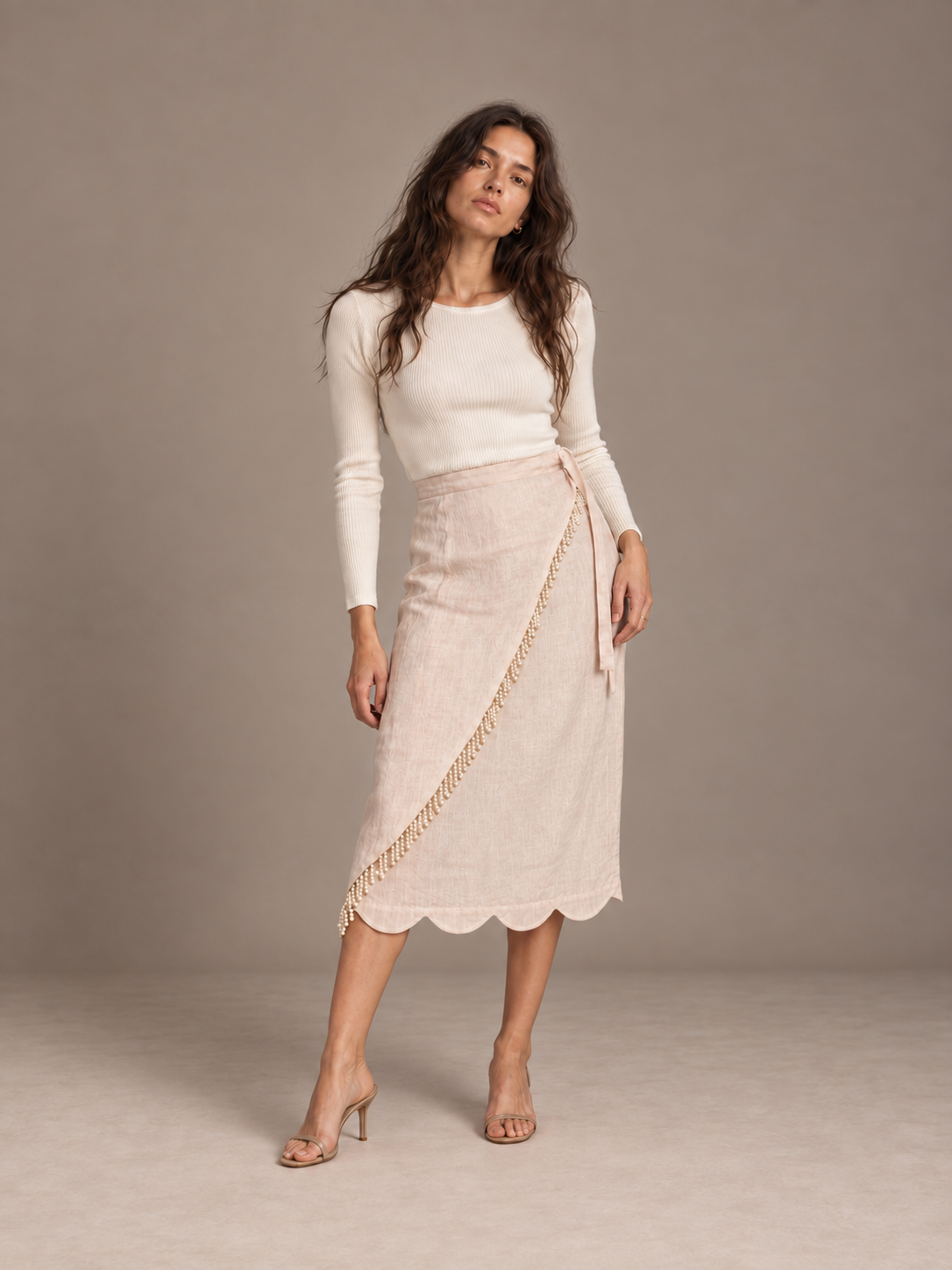 Ava Pearled Skirt - Beige