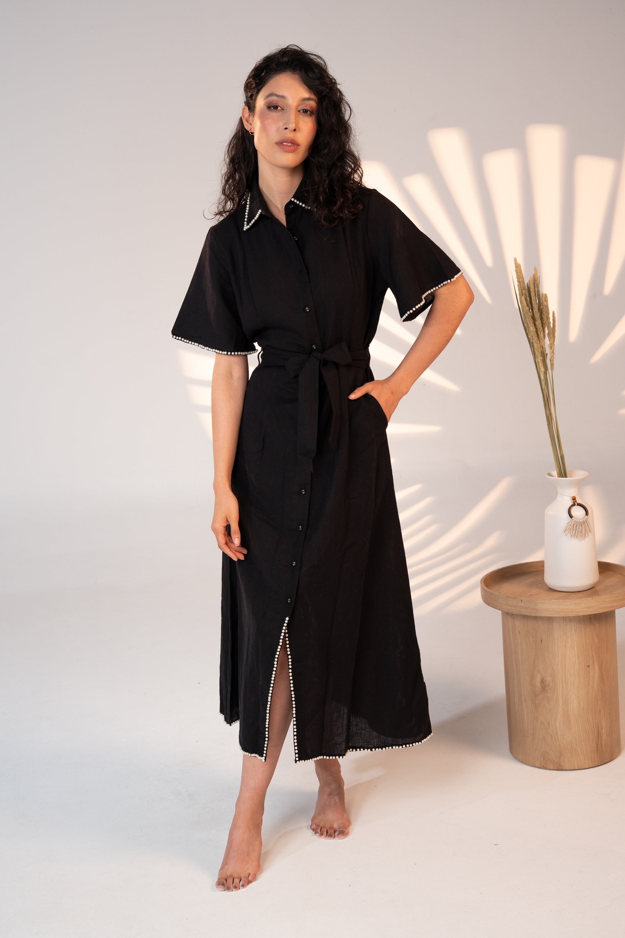 Cafe Au Lait Button Down Dress Sustainable Linene Pearl Embroidery