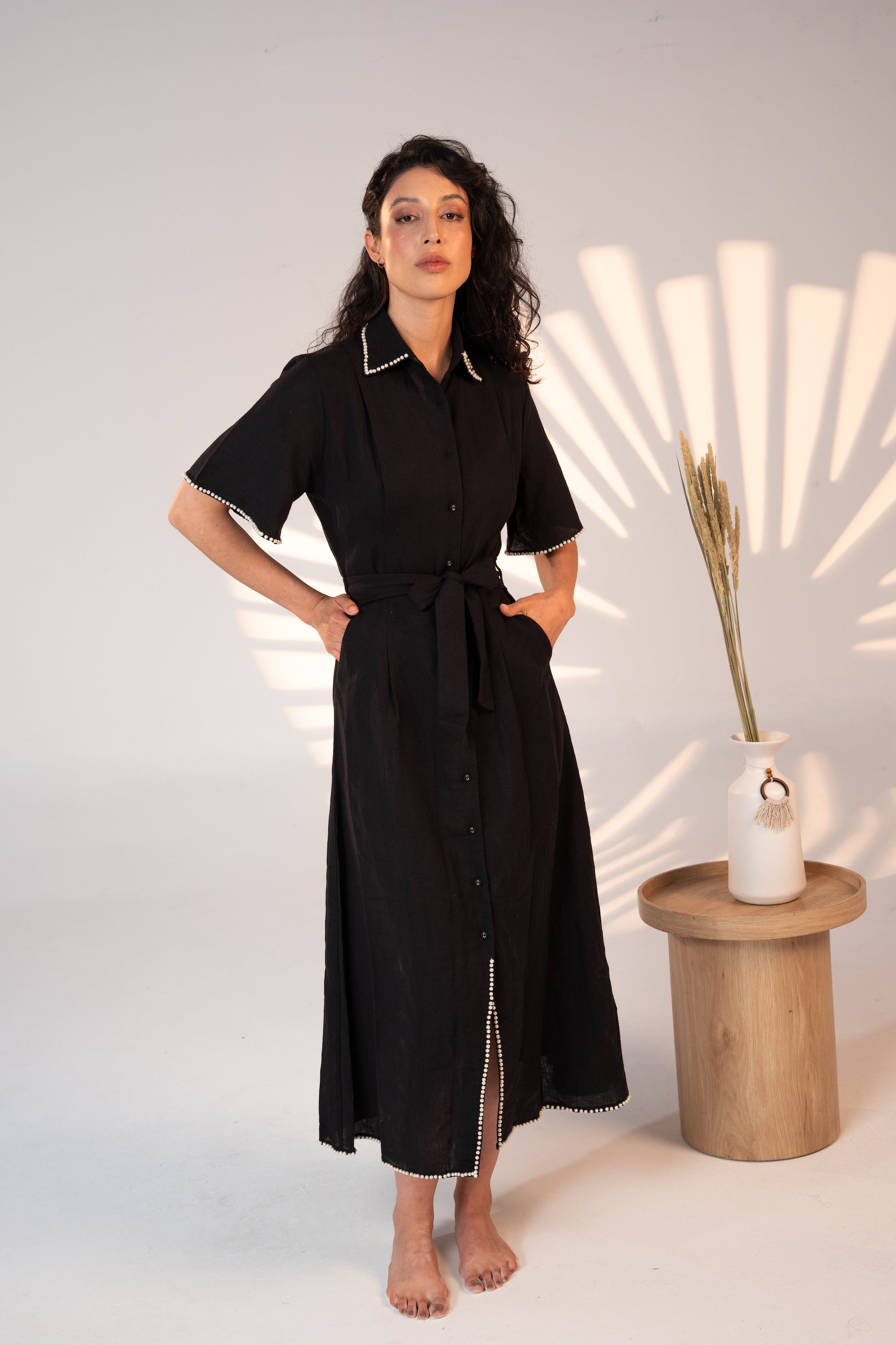 Cafe Au Lait Button Down Dress Sustainable Linene Pearl Embroidery