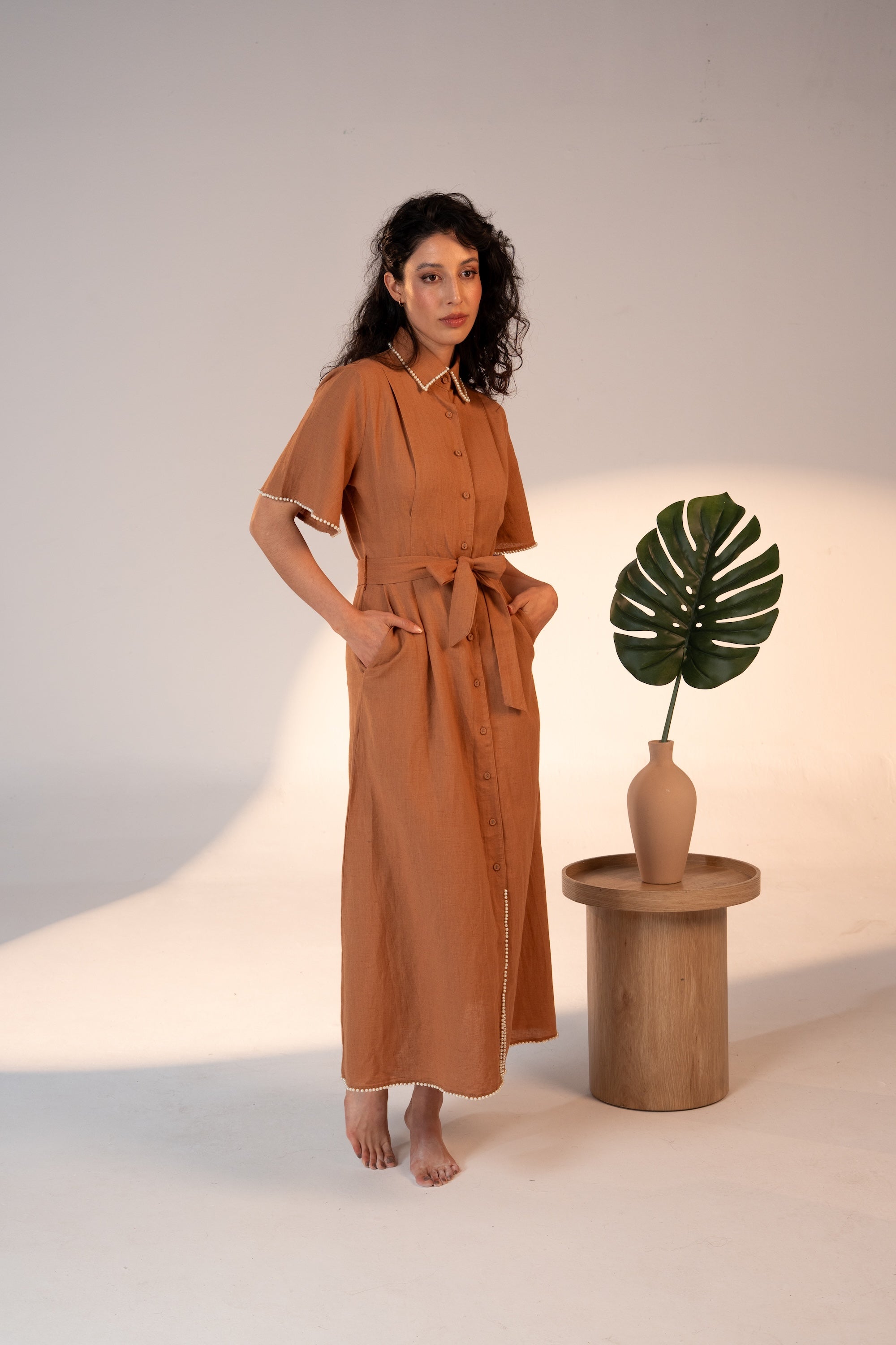 Cafe Au Lait Pearled Dress Brown