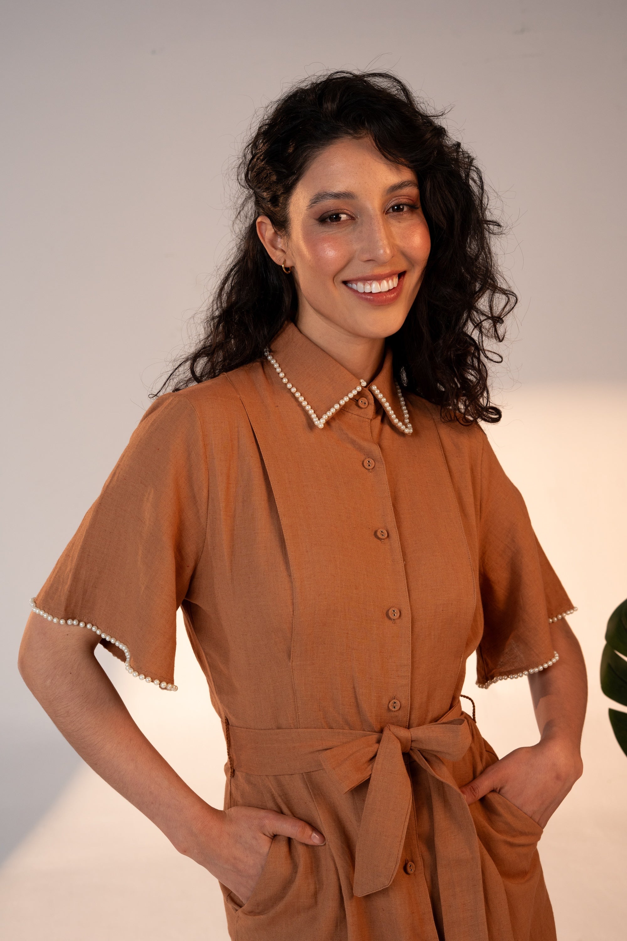 Shop Brown Terracota Button Down Midi Dress Feminine Pearls