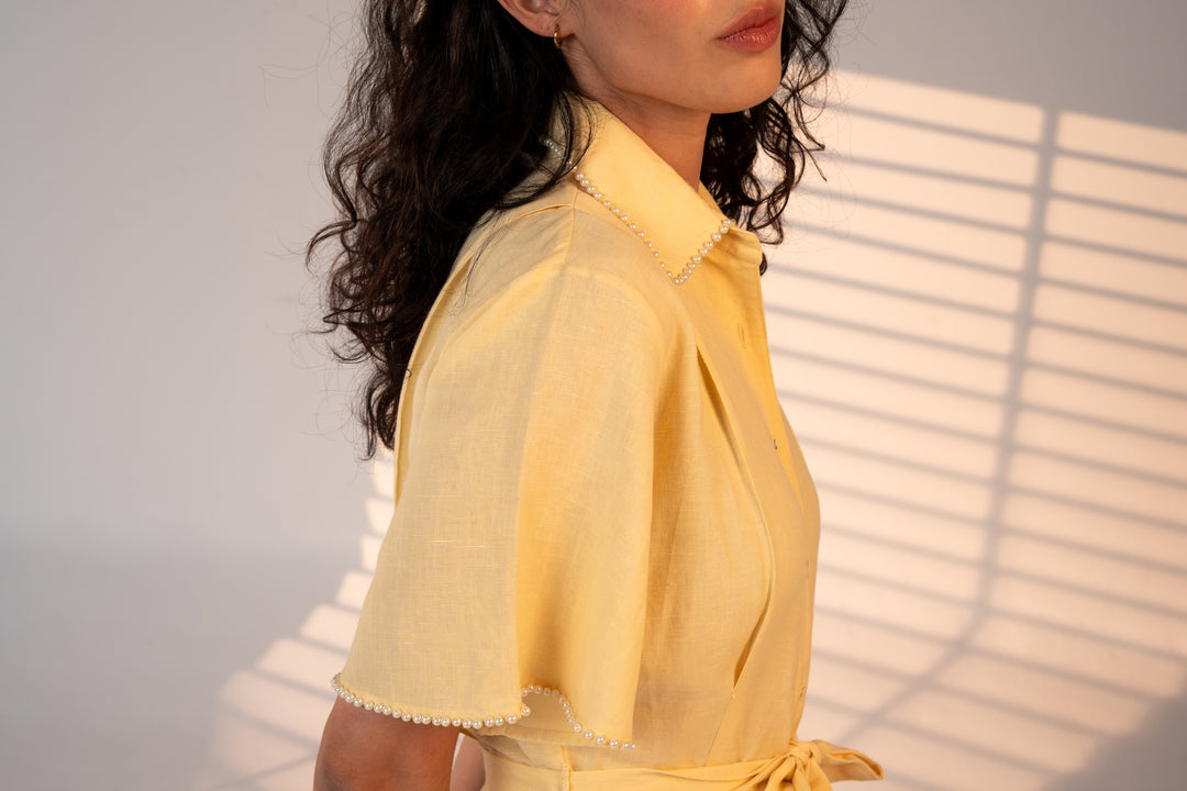 Cafe Au Lait Pearled Dress Butter Yellow