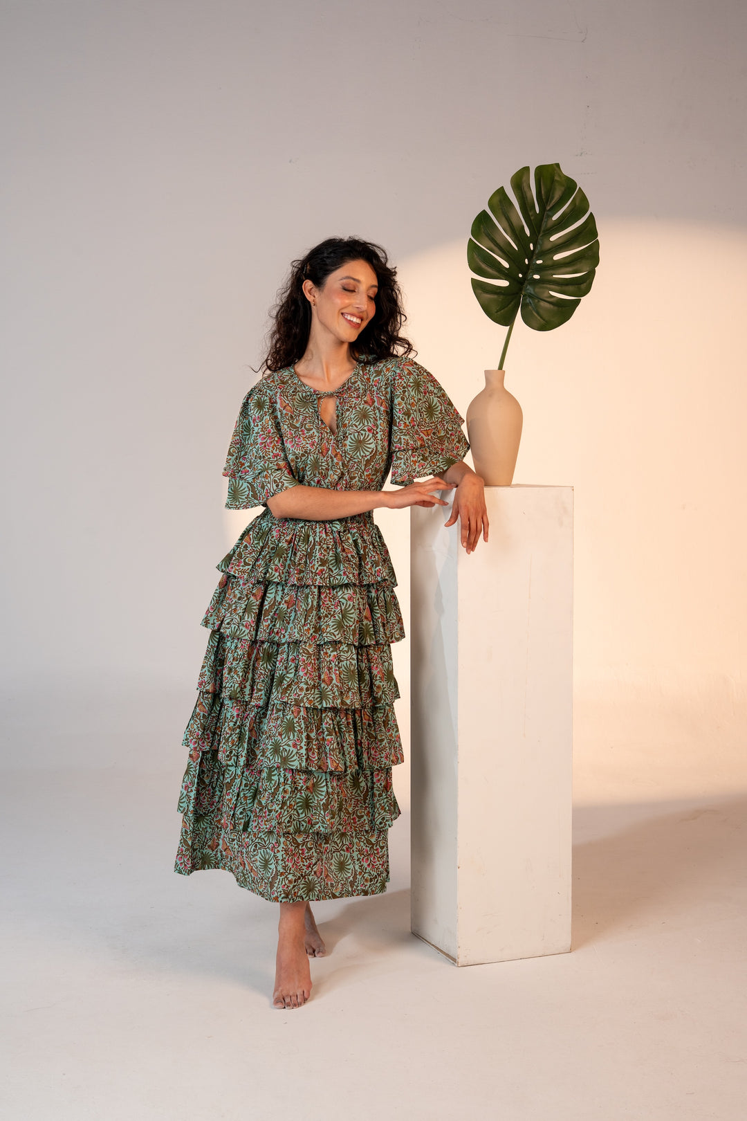 Palm Springs Clinched Waist Dress Green Print