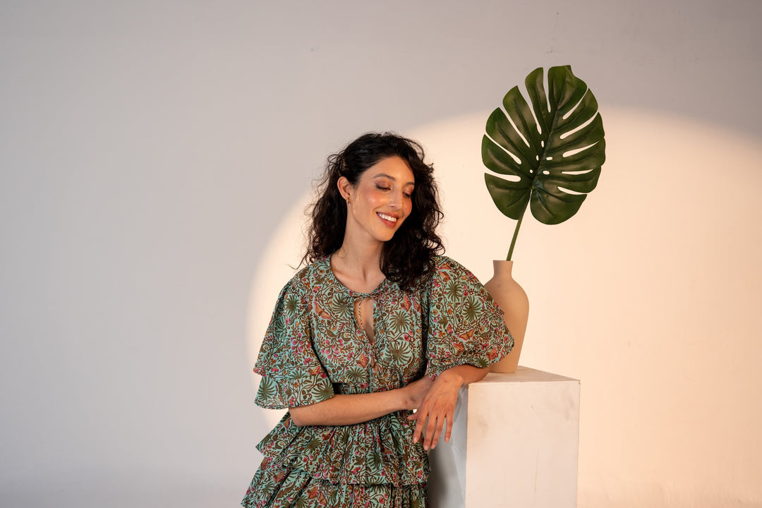 Palm Springs Clinched Waist Dress Green Print