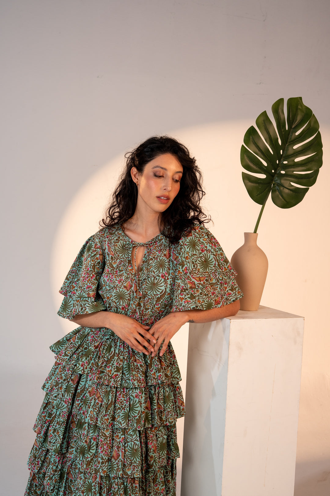 Palm Springs Clinched Waist Dress Green Print