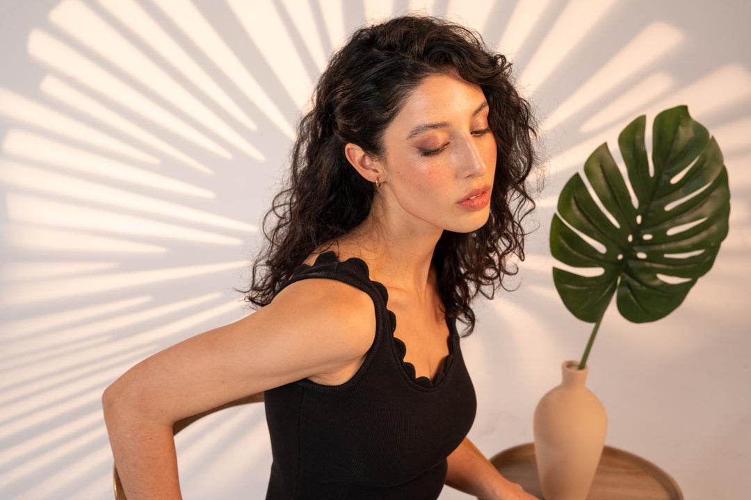 Ribbed Black Dress Scalloped Edges