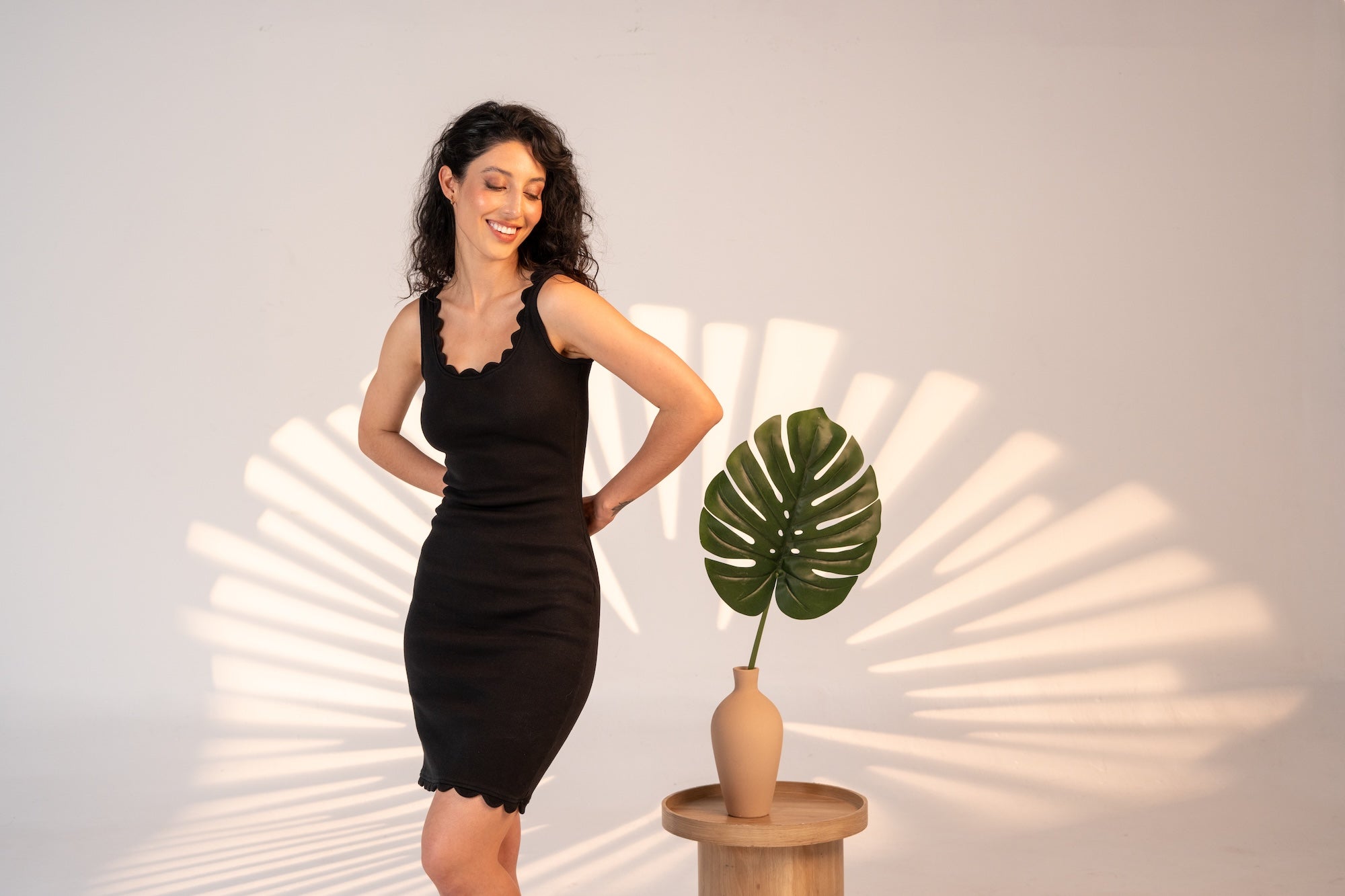 Ribbed Black Dress Scalloped Edges