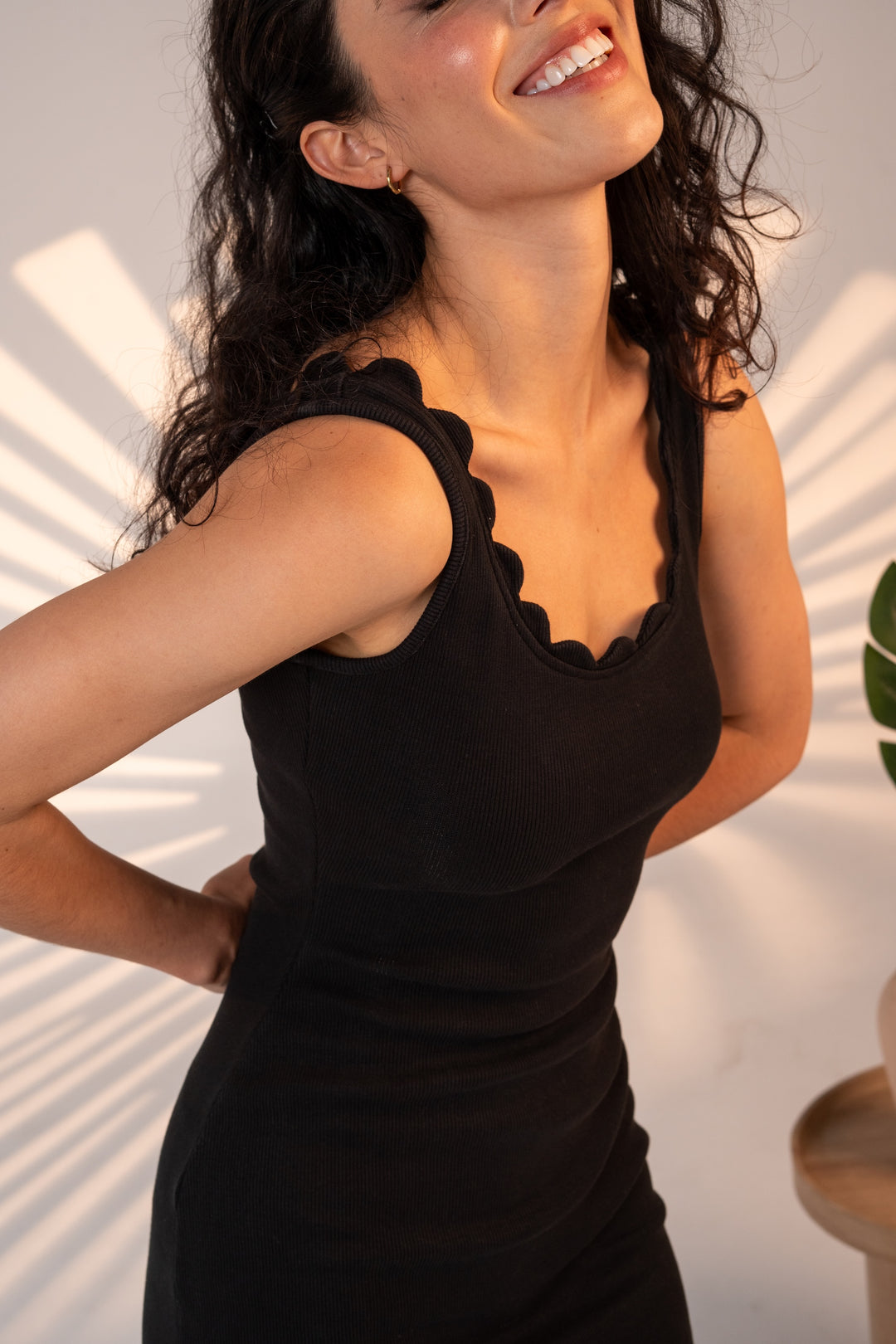 Ribbed Black Dress Scalloped Edges