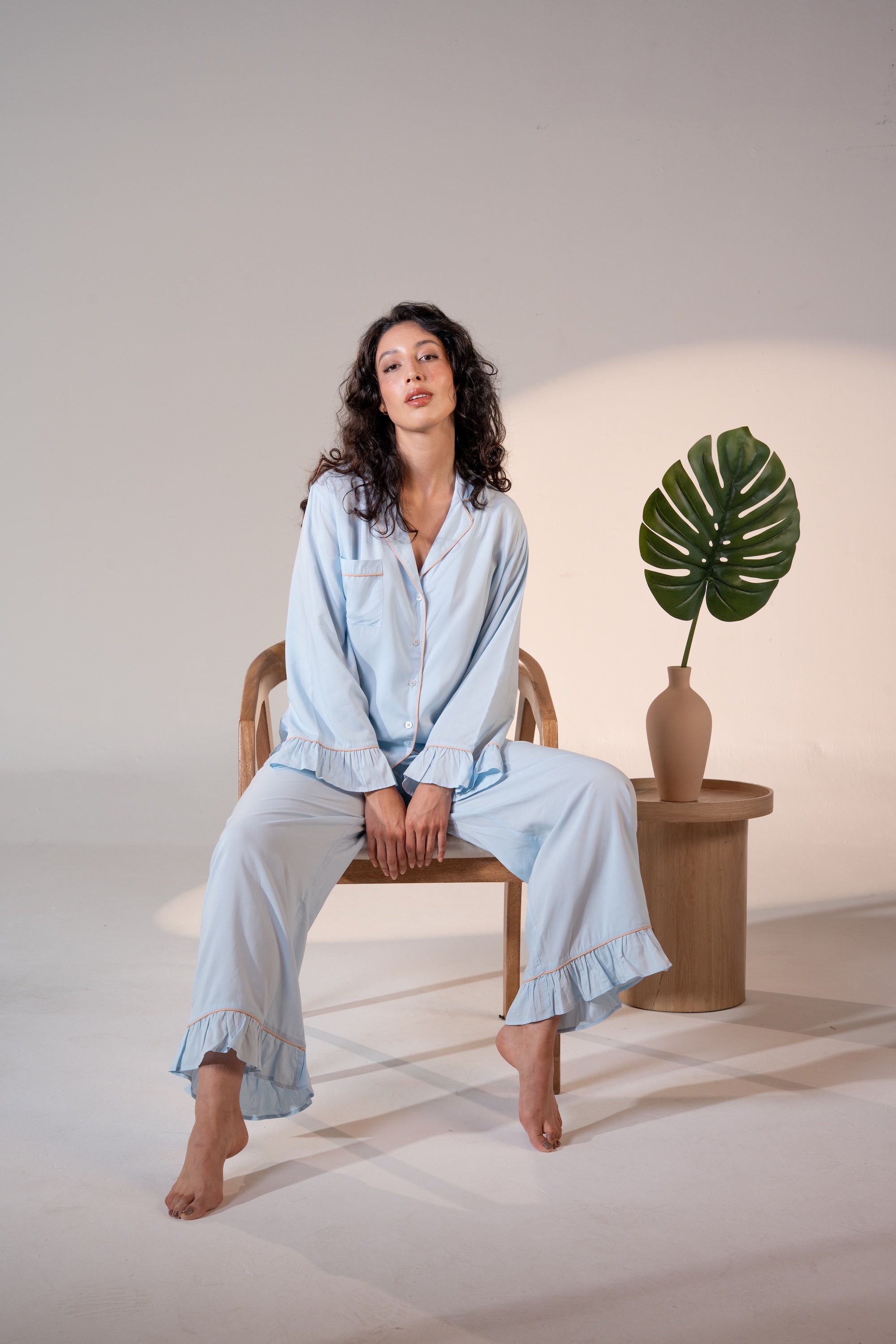 Luxury Bamboo Pajama Set Women | Blue & Beige