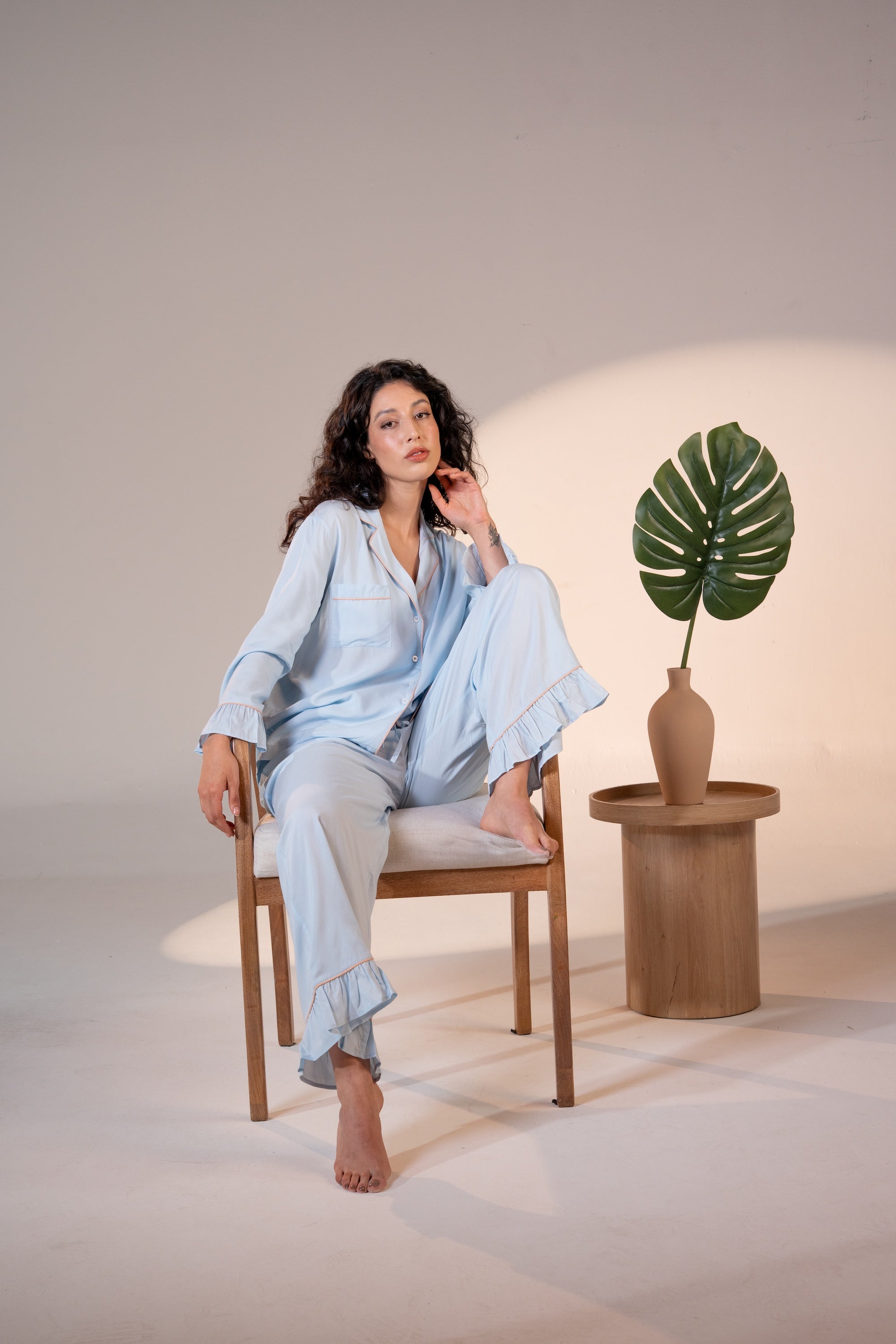 Luxury Bamboo Pajama Set Women | Blue & Beige