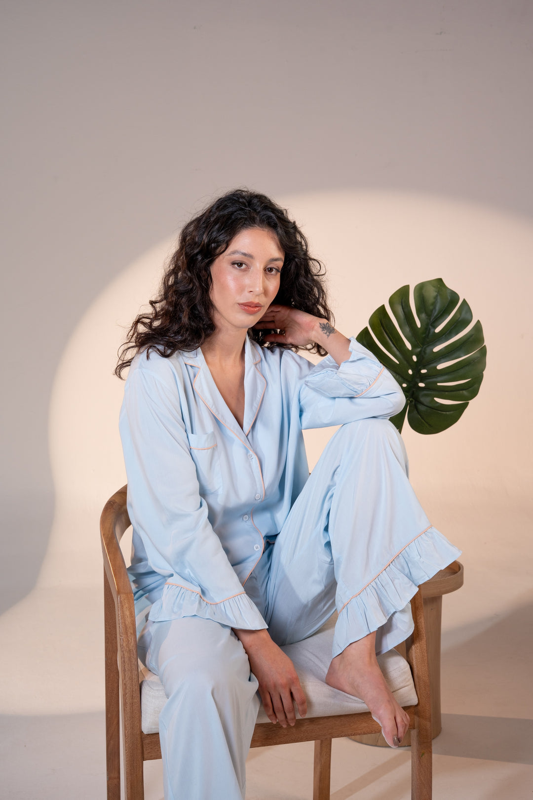 Luxury Bamboo Pajama Set Women | Blue & Beige