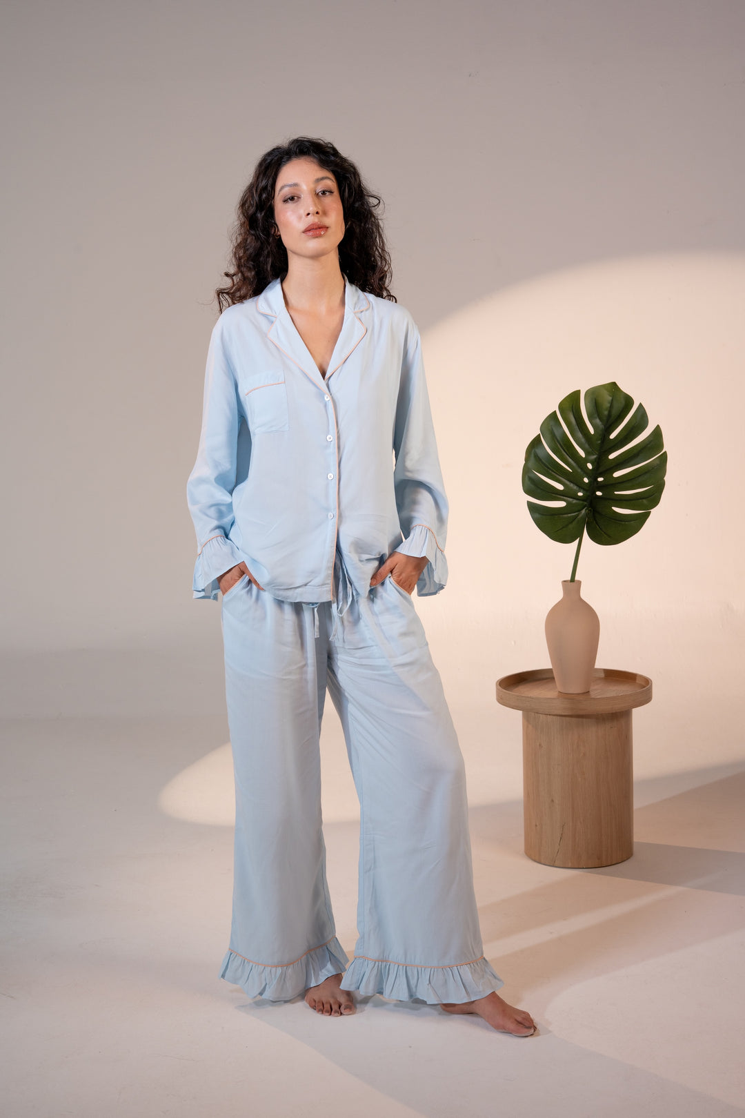 Luxury Bamboo Pajama Set Women | Blue & Beige