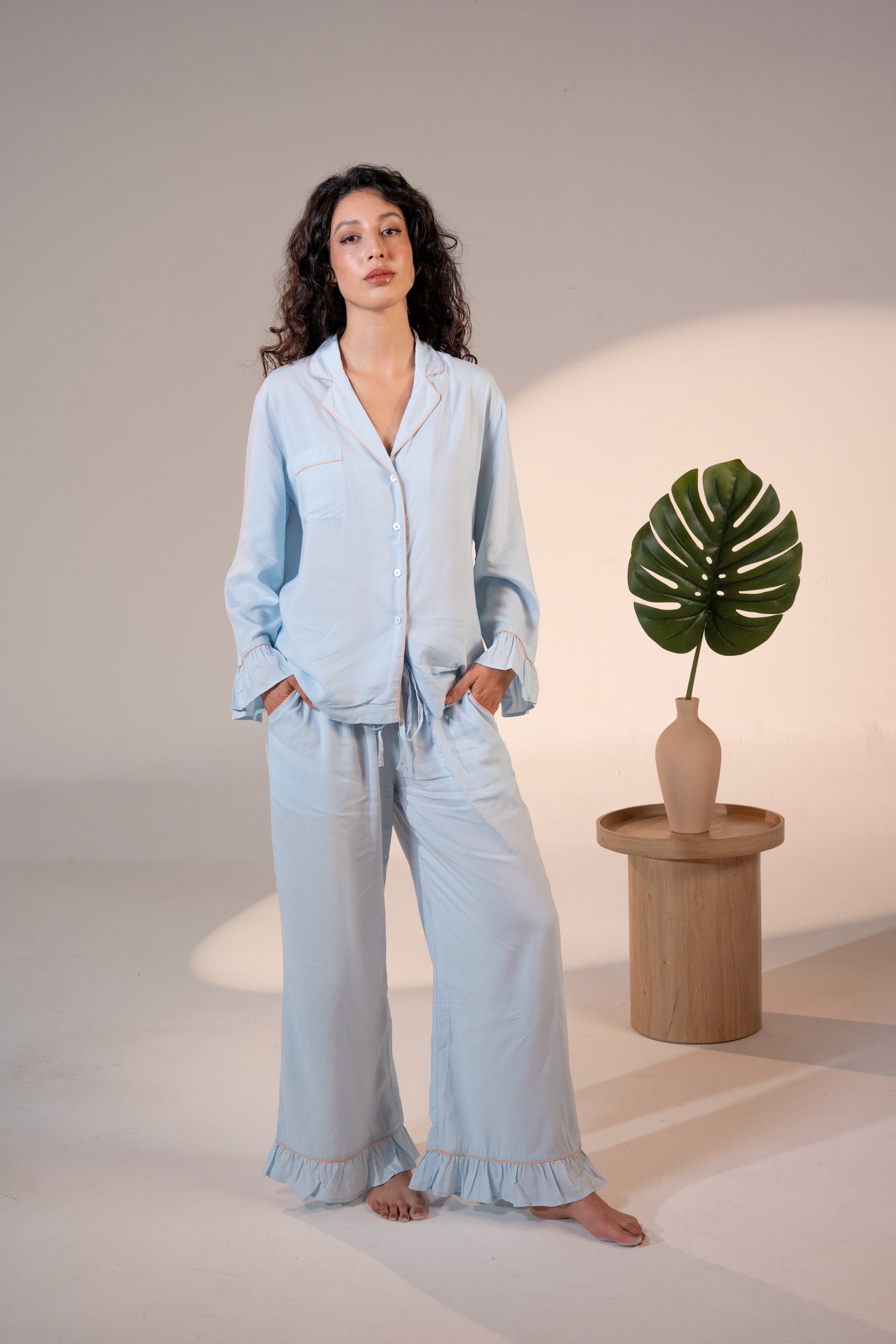 Luxury Bamboo Pajama Set Women | Blue & Beige