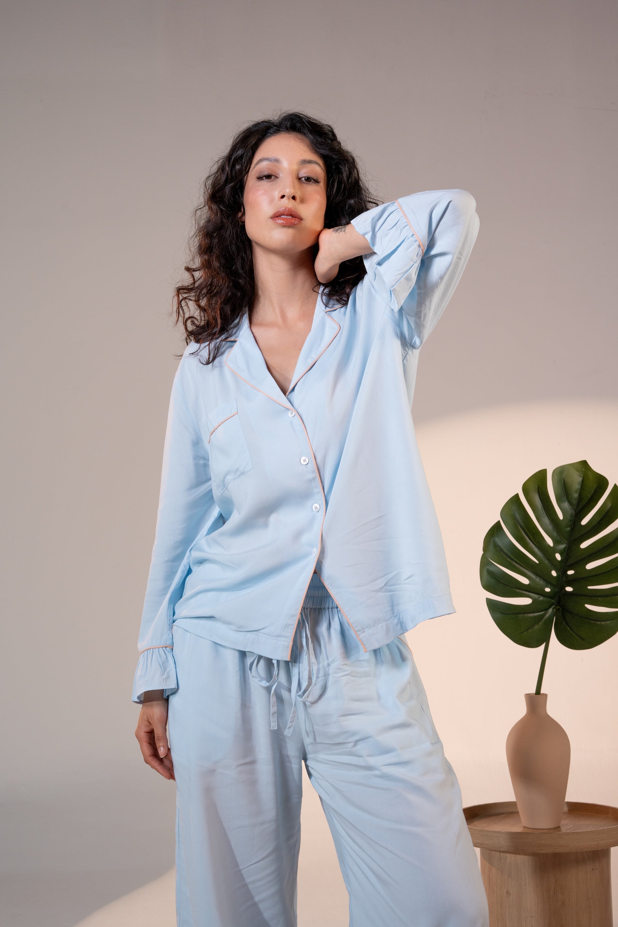 Luxury Bamboo Pajama Set Women | Blue & Beige