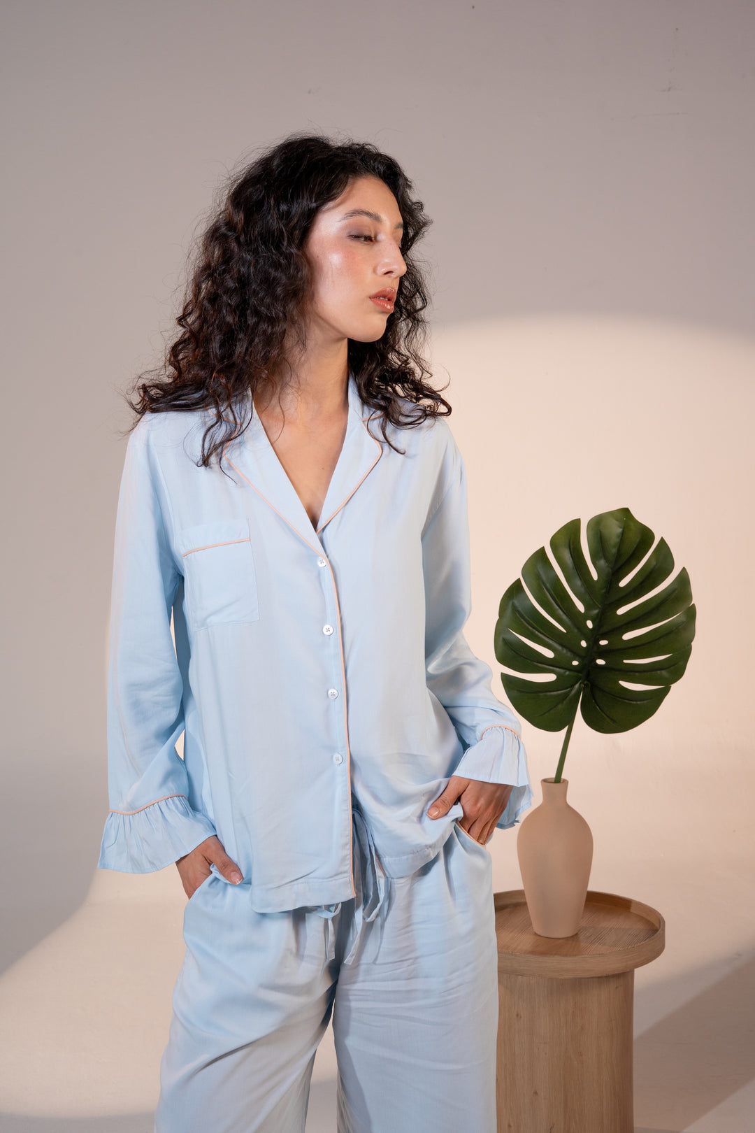 Luxury Bamboo Pajama Set Women | Blue & Beige