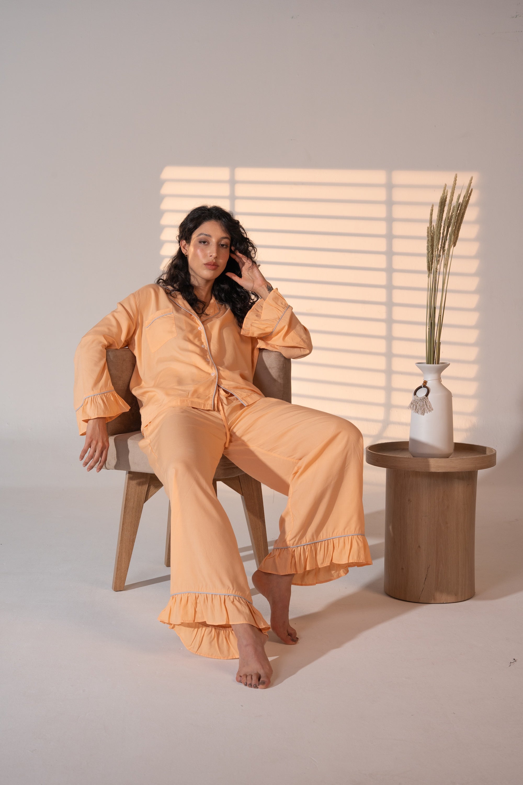 Luxury Bamboo Pajama Set Women | Orange and Blue Piping