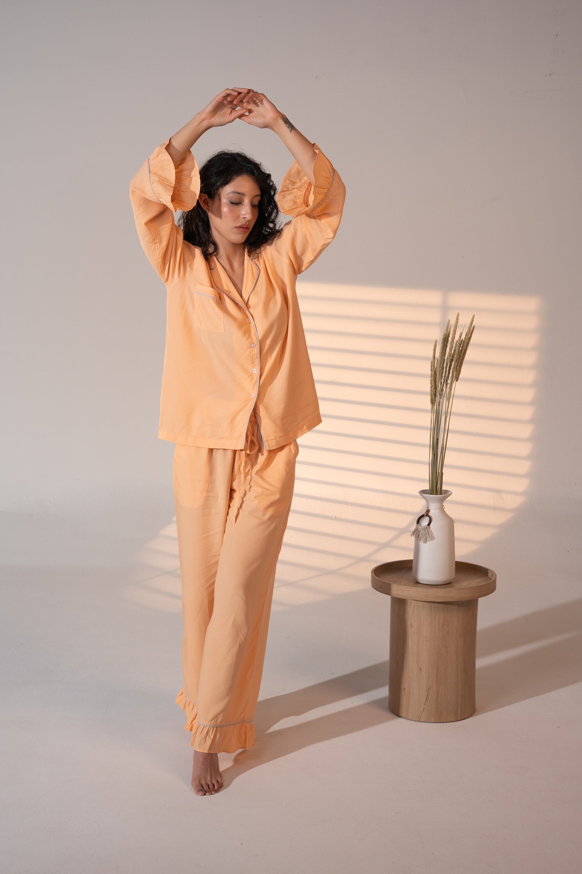Luxury Bamboo Pajama Set Women | Orange and Blue Piping