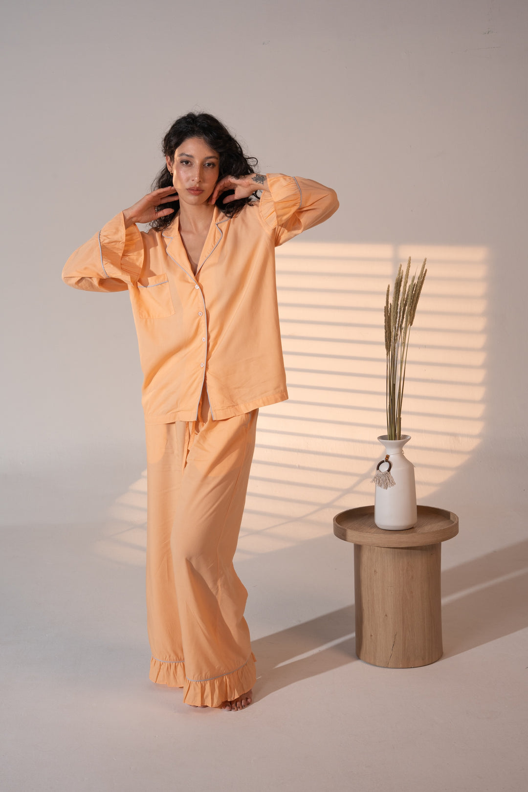 Luxury Bamboo Pajama Set Women | Orange and Blue Pipping