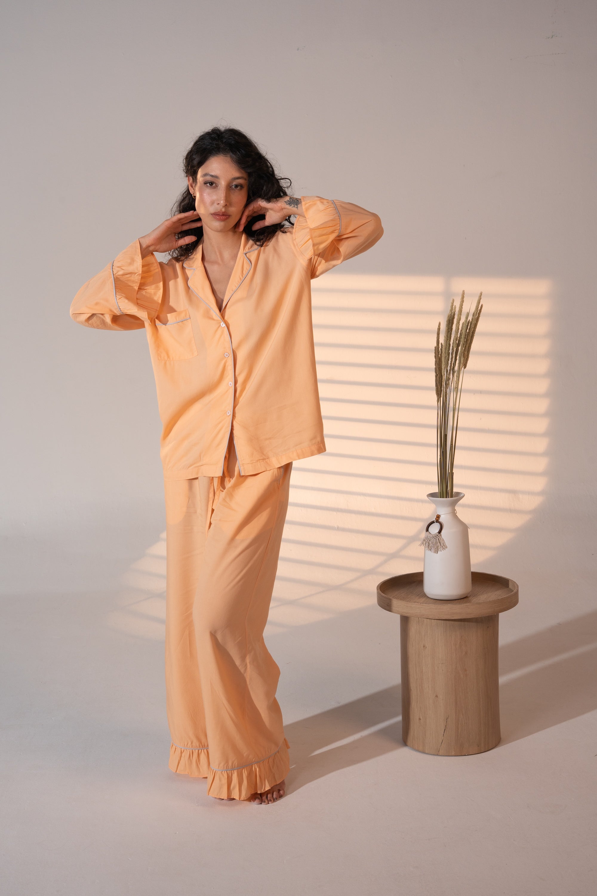 Luxury Bamboo Pajama Set Women | Orange and Blue Piping